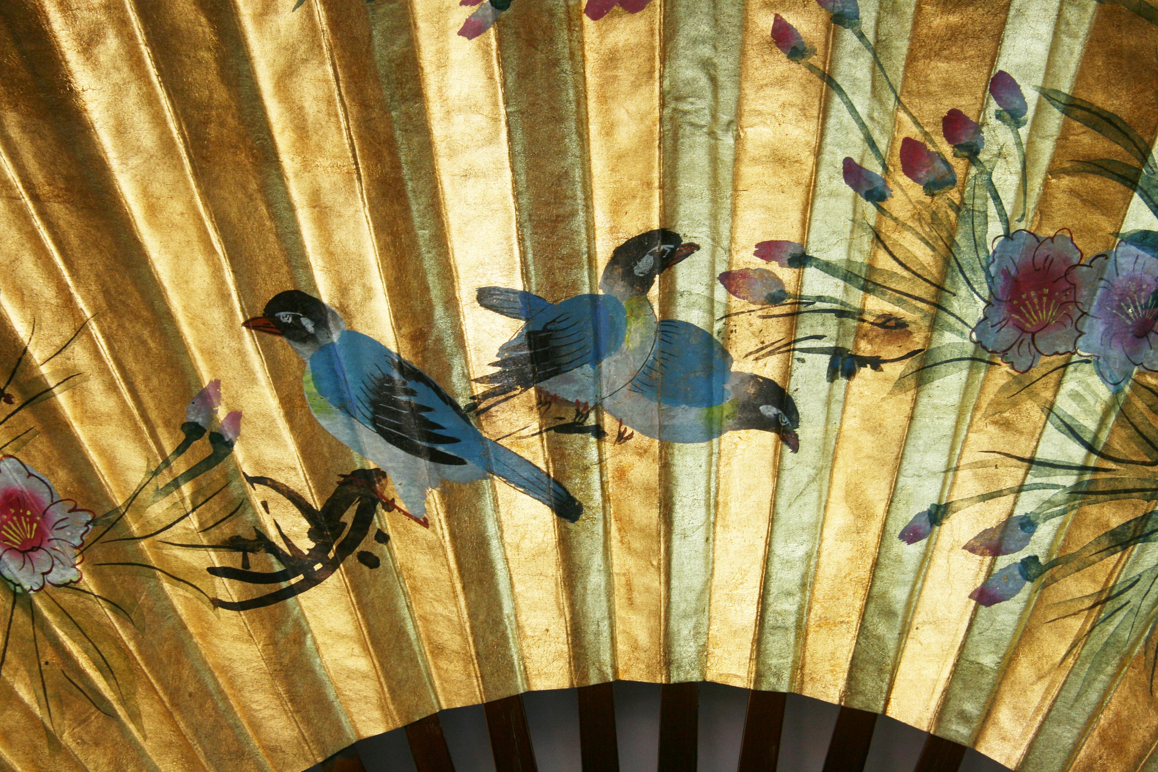 Paper Vintage Chinese Large Hand Painted Birds and Flowers Fan/ Screen For Sale