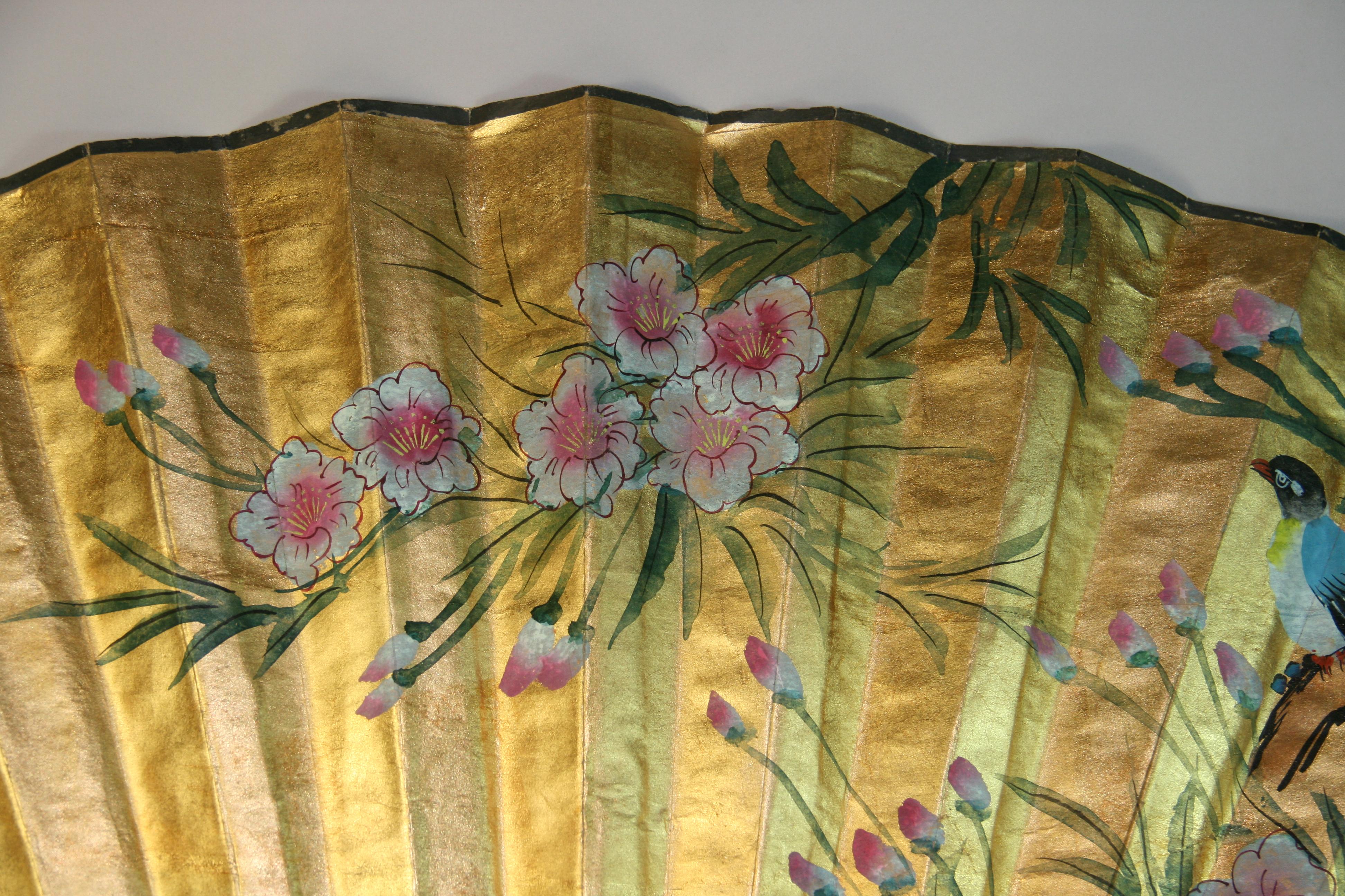 Vintage Chinese Large Hand Painted Birds and Flowers Fan/ Screen For Sale 1