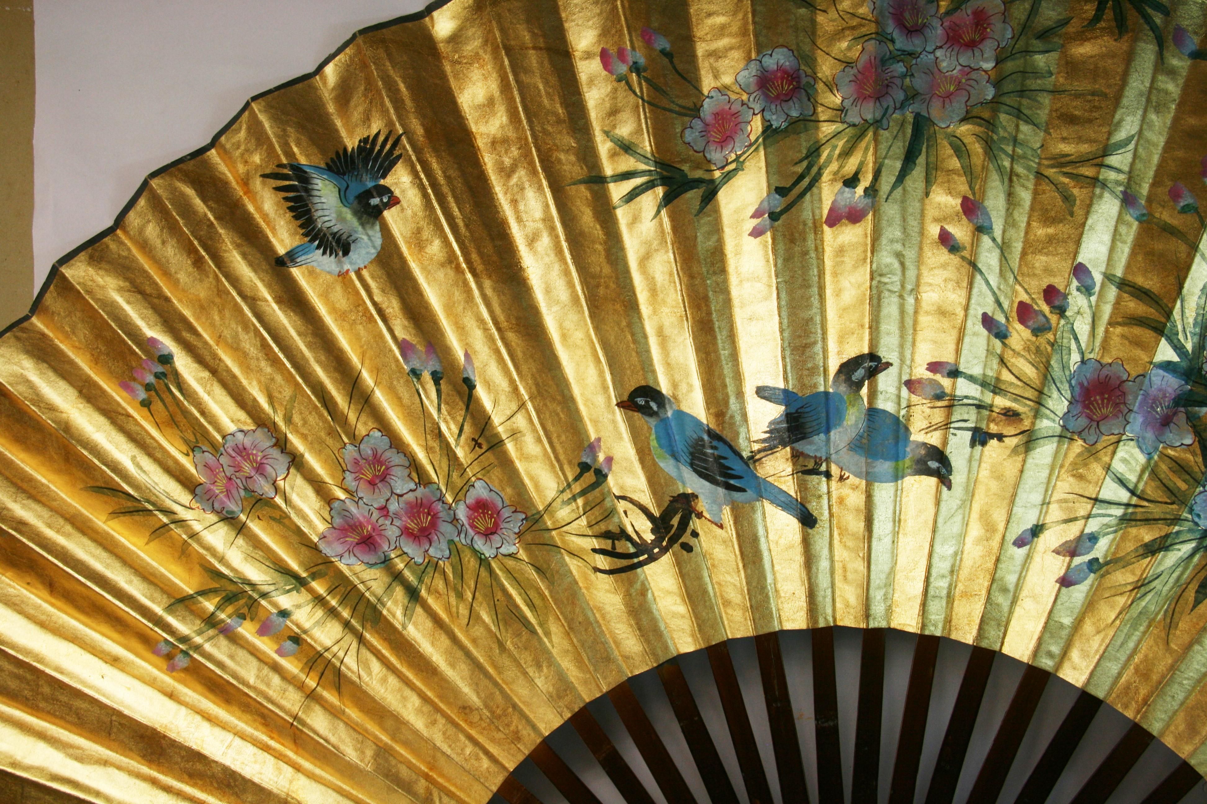Vintage Chinese Large Hand Painted Birds and Flowers Fan/ Screen For Sale 2