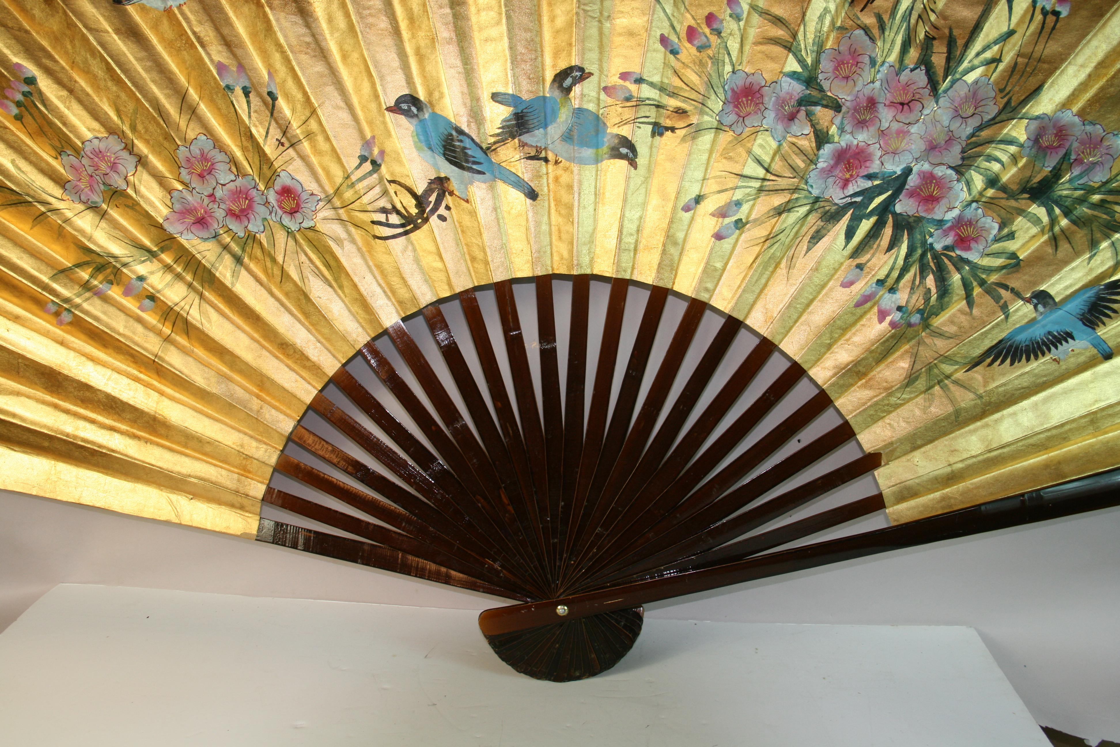 Vintage Chinese Large Hand Painted Birds and Flowers Fan/ Screen For Sale 3