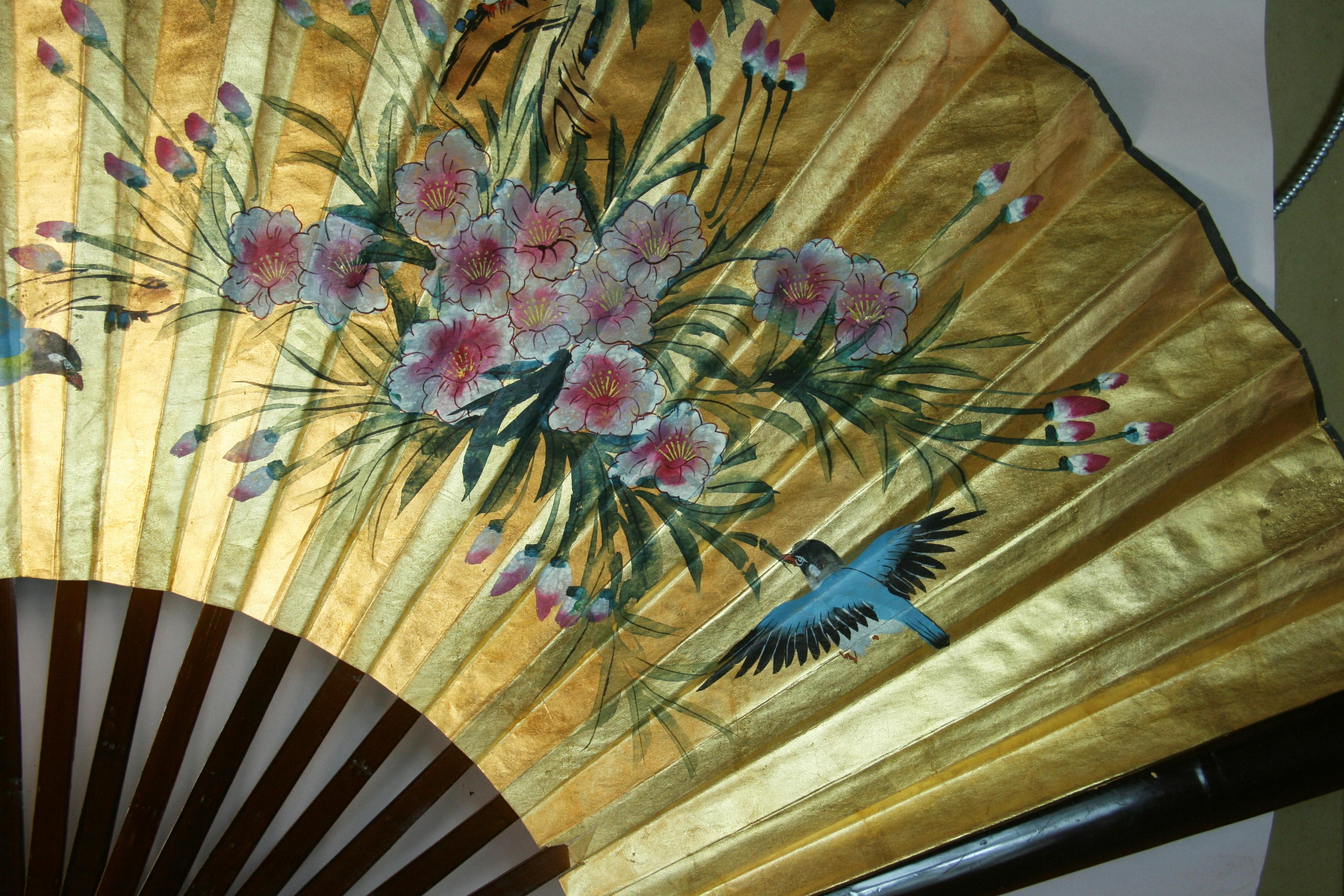 Vintage Chinese Large Hand Painted Birds and Flowers Fan/ Screen For Sale 4