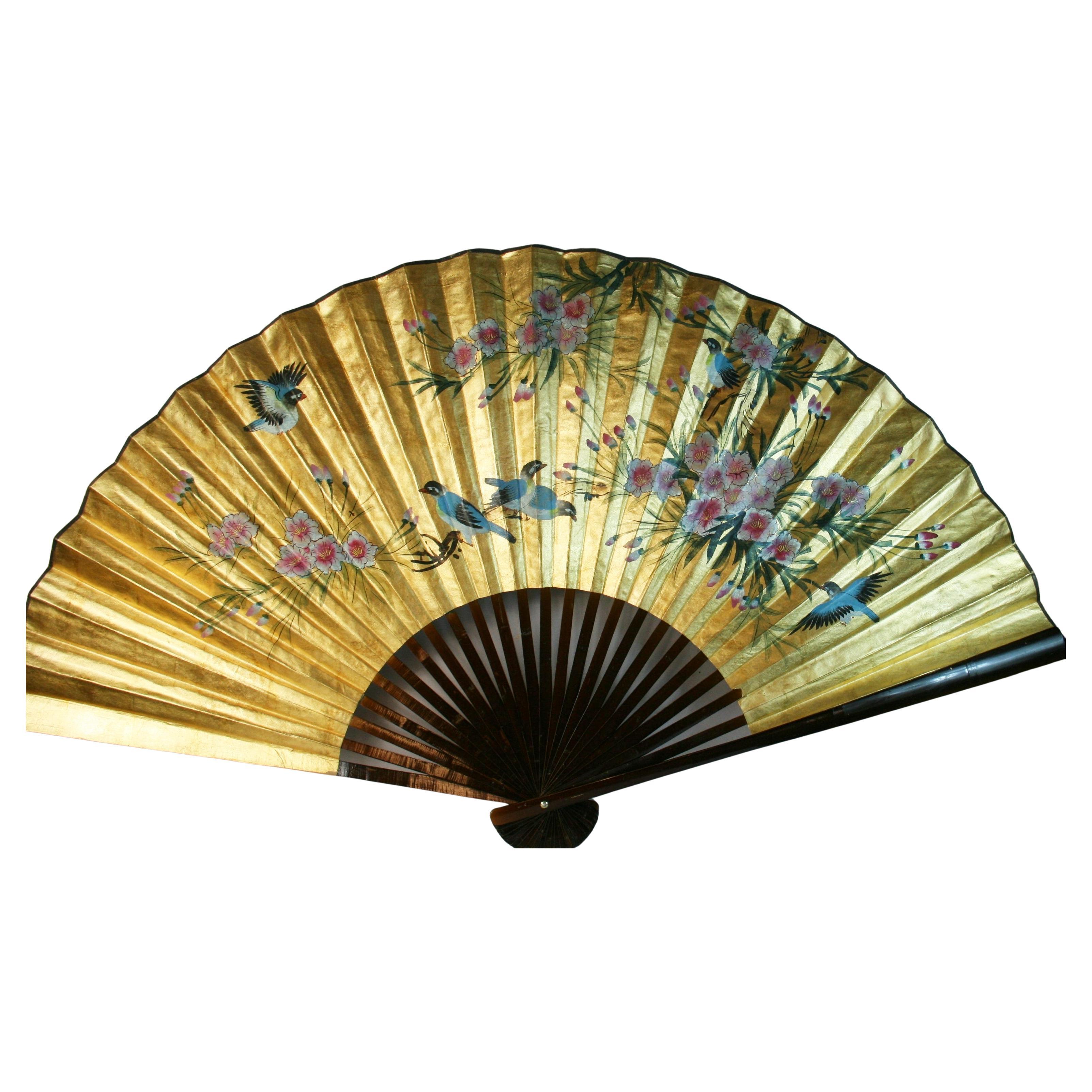 Vintage Chinese Large Hand Painted Birds and Flowers Fan/ Screen