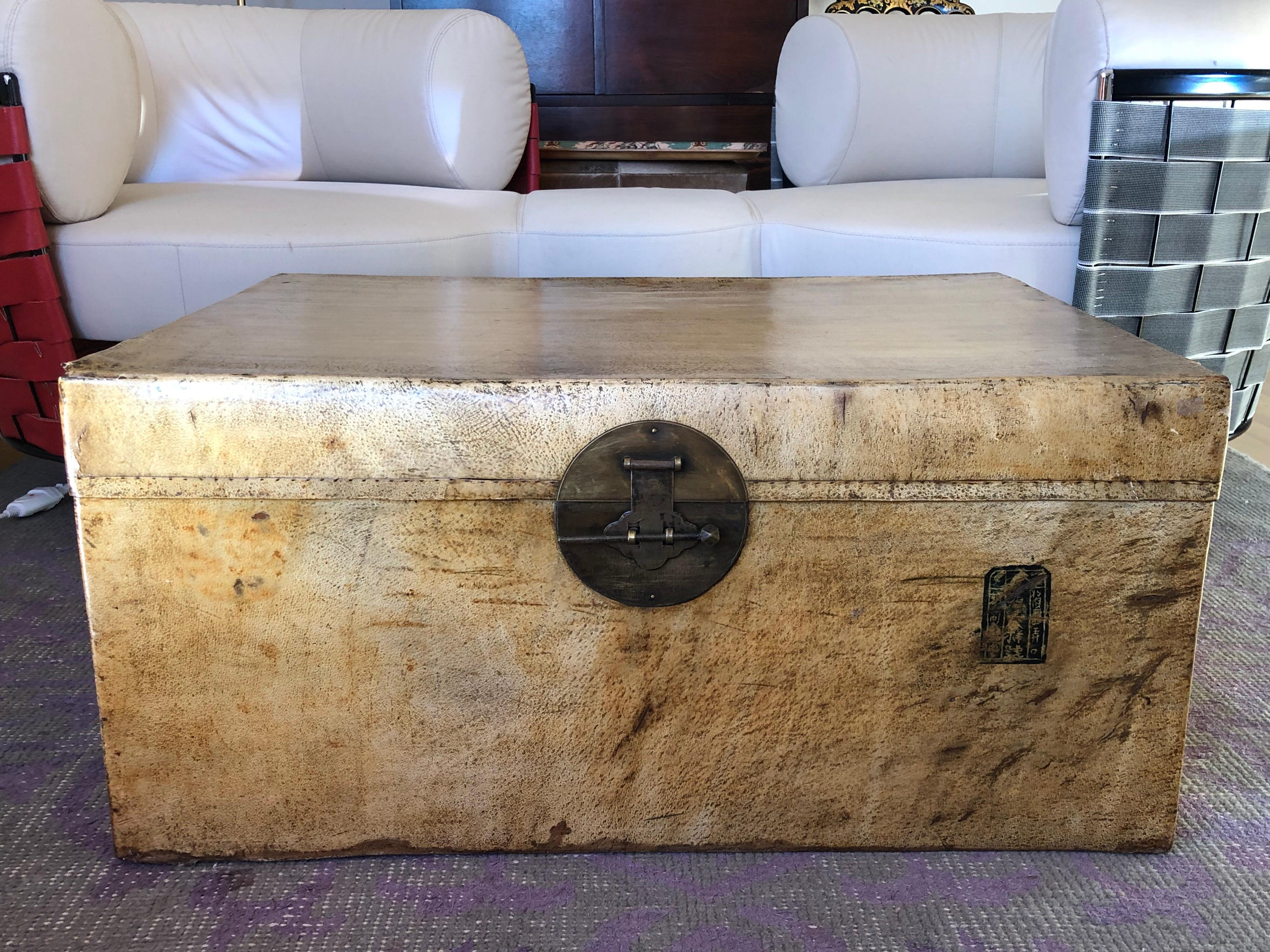 Hand-Crafted SALE Vintage Chinese Leather Parchment Large Traveling Trunk, circa 1900s