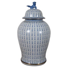 Vintage Chinese Lidded Porcelain Calligraphy Ginger Jar Temple Urn Vase Fu Dog