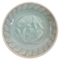 Vintage Chinese Longquan Celadon Koi Fish Small Plates - Set of 8