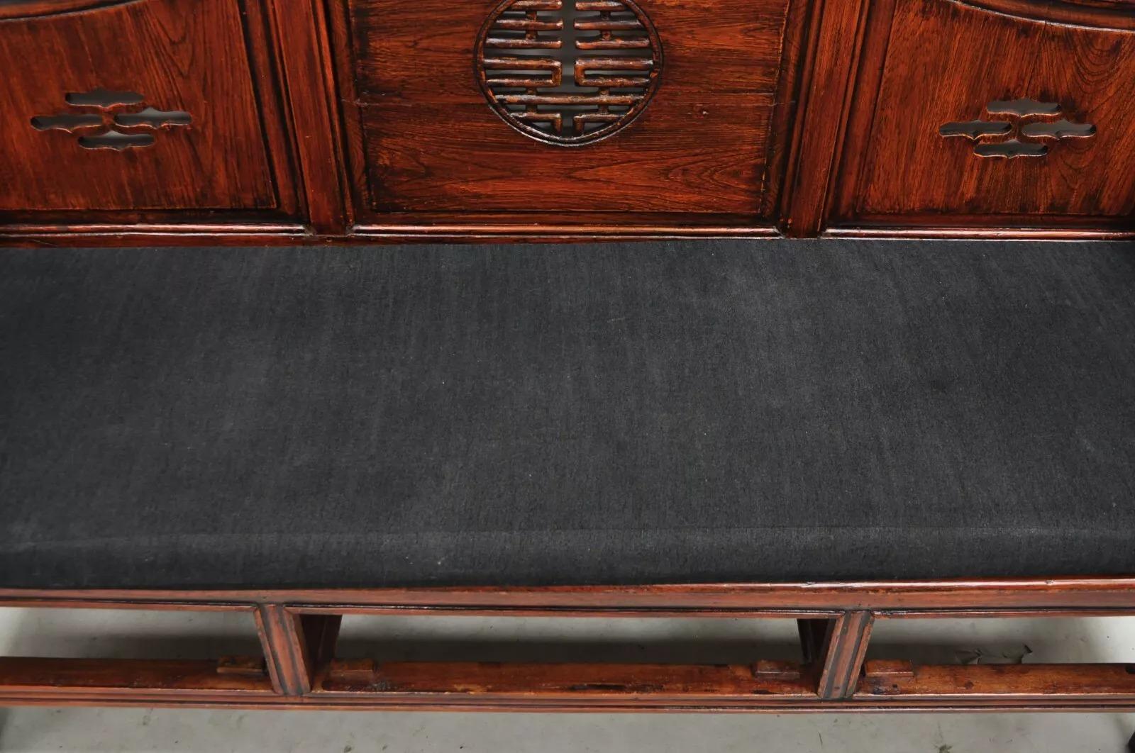Vintage Chinese Mahogany Carved Wood Pagoda Sofa Hall Wedding Bench For Sale 5