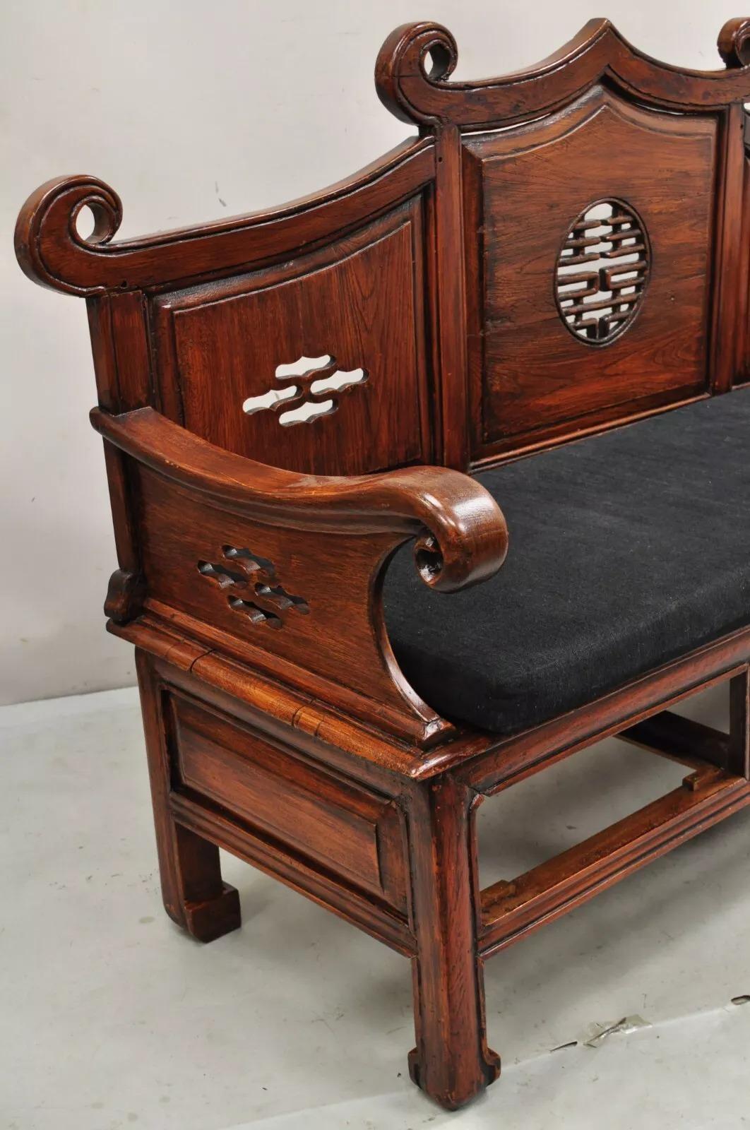 Vintage Chinese Mahogany Carved Wood Pagoda Sofa Hall Wedding Bench For Sale 6