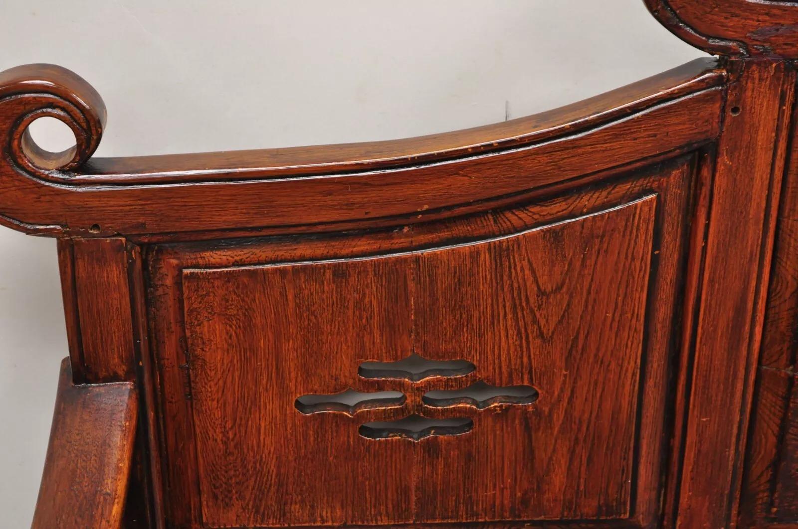 Vintage Chinese Mahogany Carved Wood Pagoda Sofa Hall Wedding Bench For Sale 7