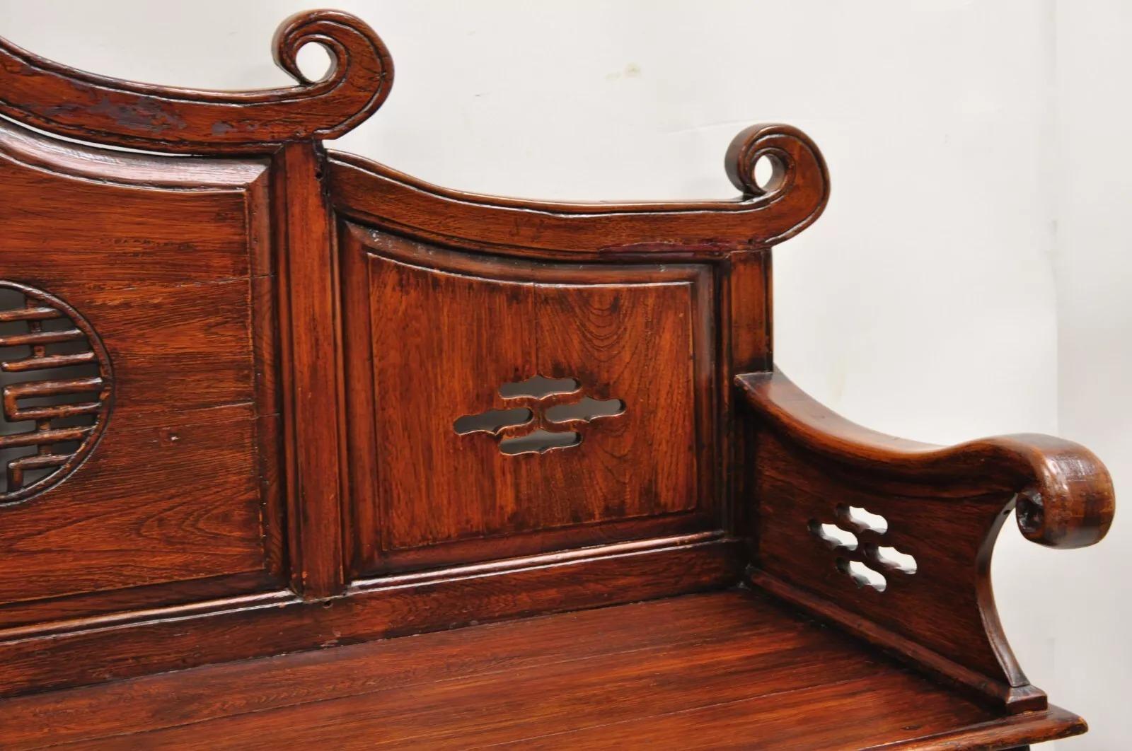 20th Century Vintage Chinese Mahogany Carved Wood Pagoda Sofa Hall Wedding Bench For Sale