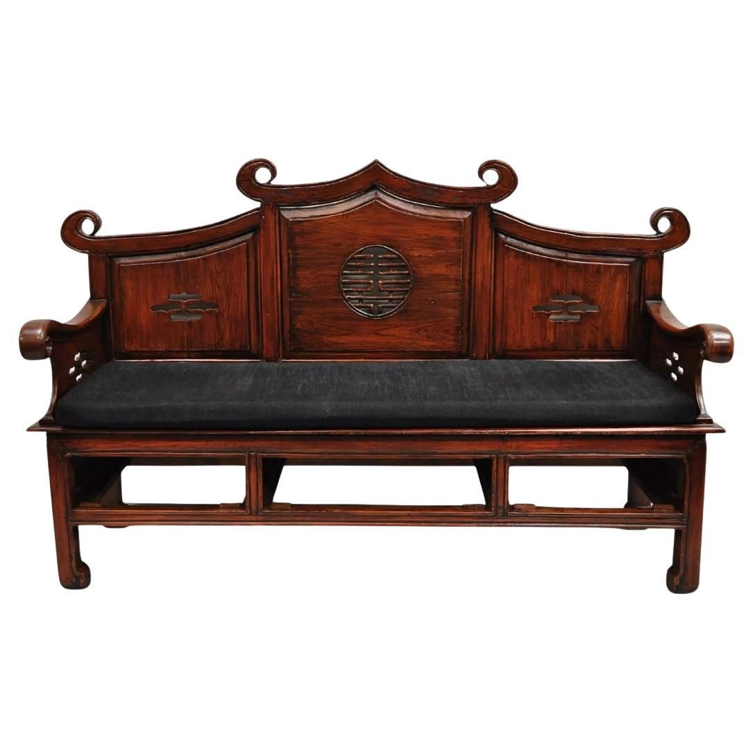 Vintage Chinese Mahogany Carved Wood Pagoda Sofa Hall Wedding Bench For Sale