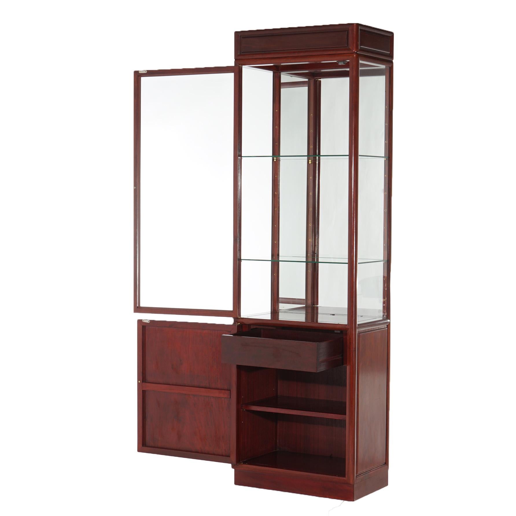 ***Ask About Reduced In-House Delivery Rates - Reliable Professional Service & Fully Insured***
Vintage Chinese Mahogany Display Case with Lower Blind Door Cabinet having Carved Symbol, C1960

Measures- 80''H x 24''W x 15.5''D