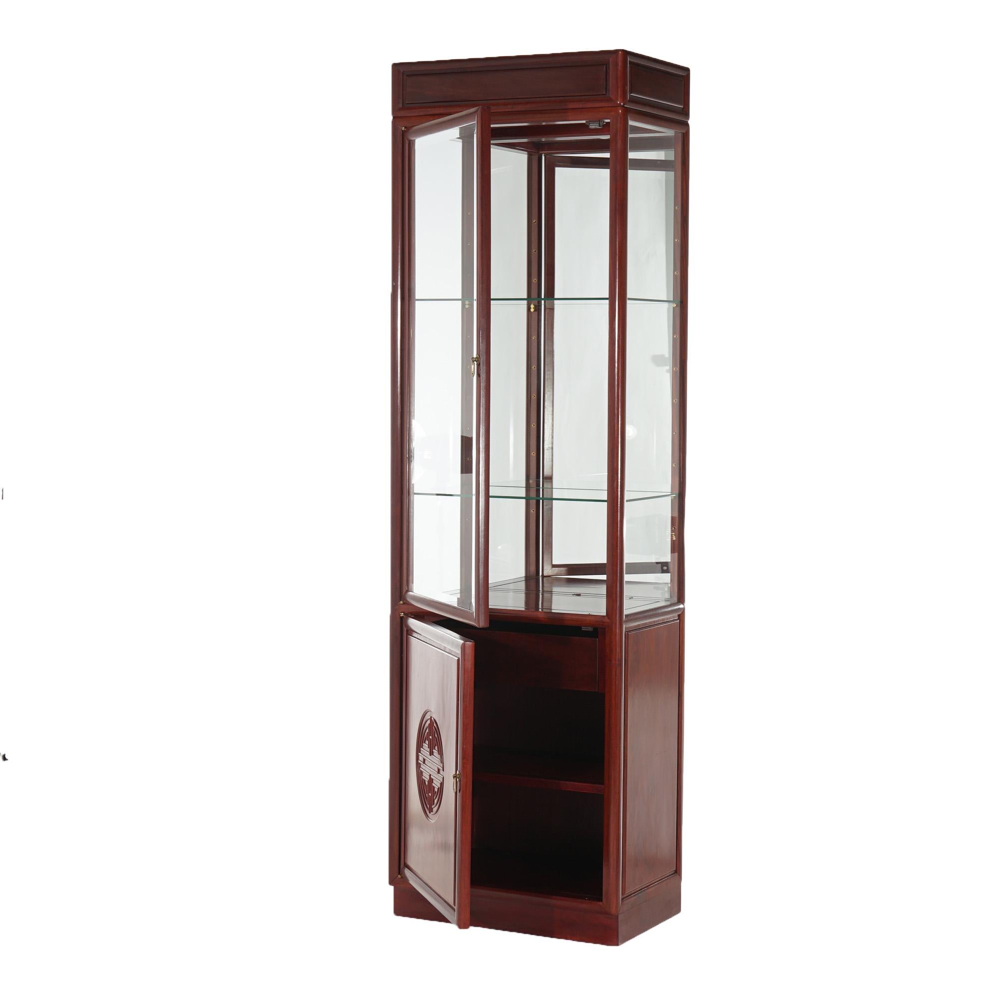 Vintage Chinese Mahogany Display Case with Lower Blind Door Cabinet C1960 In Good Condition For Sale In Big Flats, NY