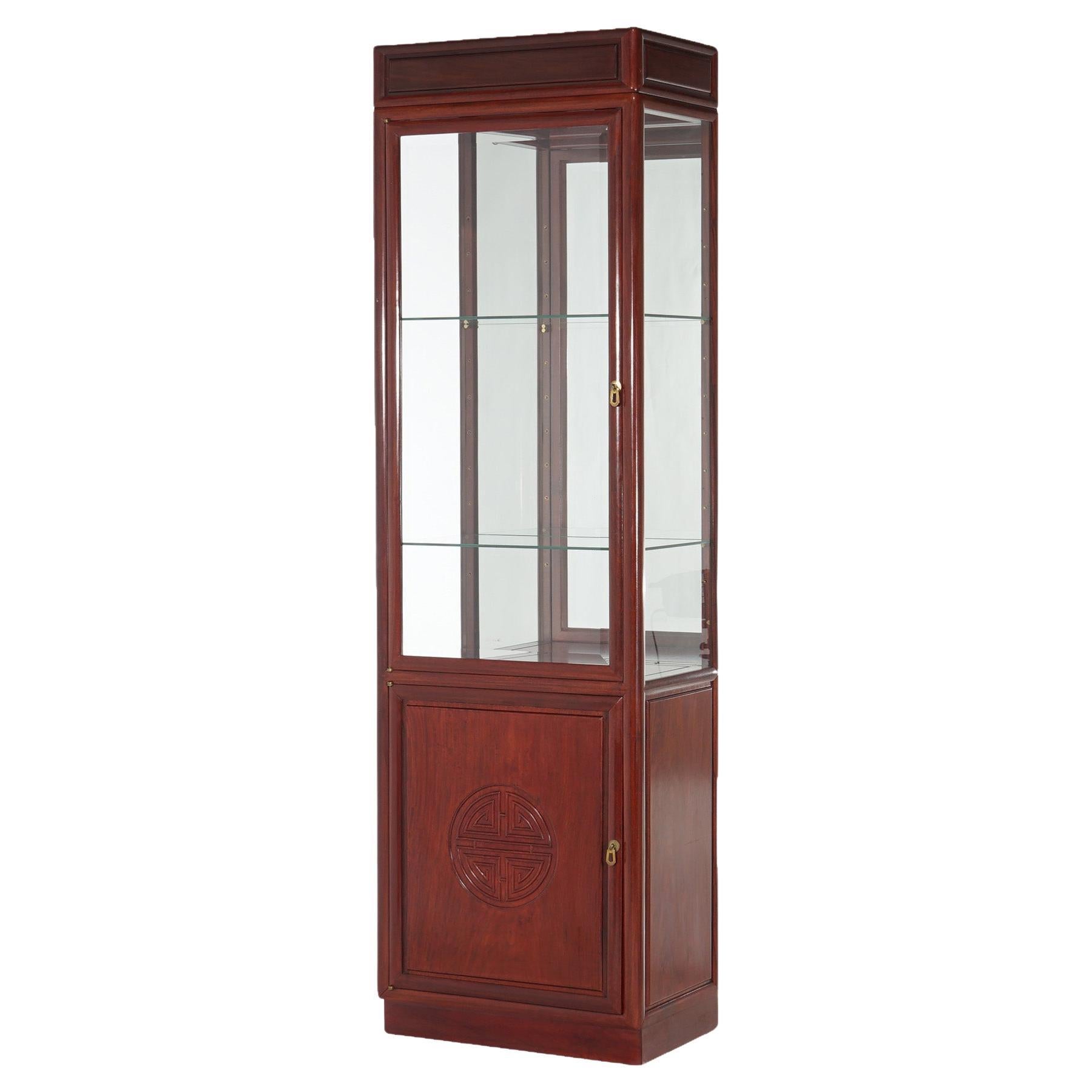 Vintage Chinese Mahogany Display Case with Lower Blind Door Cabinet C1960 For Sale