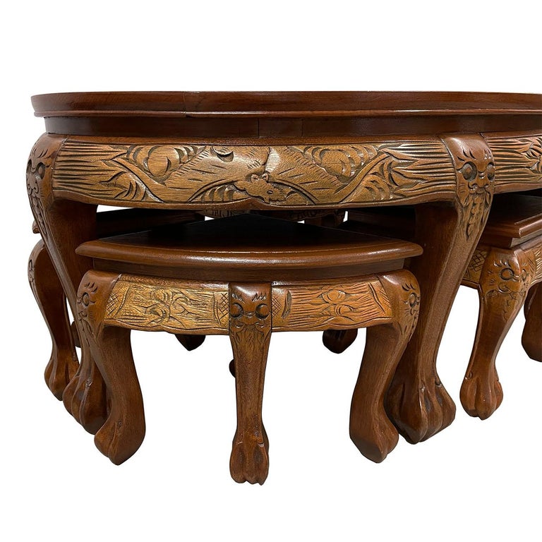 Vintage Chinese Massive Carved Teak Wood Coffee Table with 6 Nesting