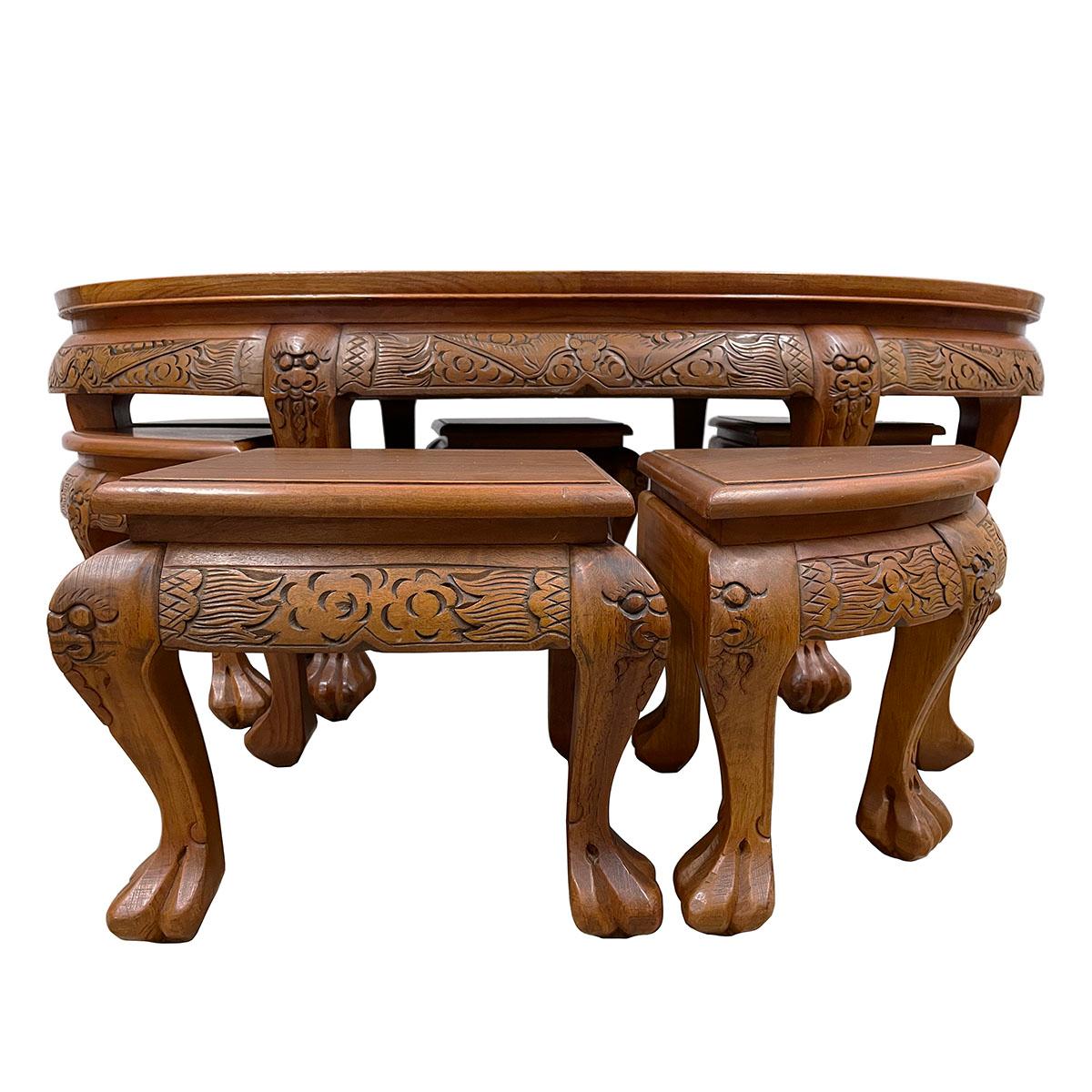 Vintage Chinese Massive Carved Teak Wood Coffee Table with 6 Nesting Stools 2
