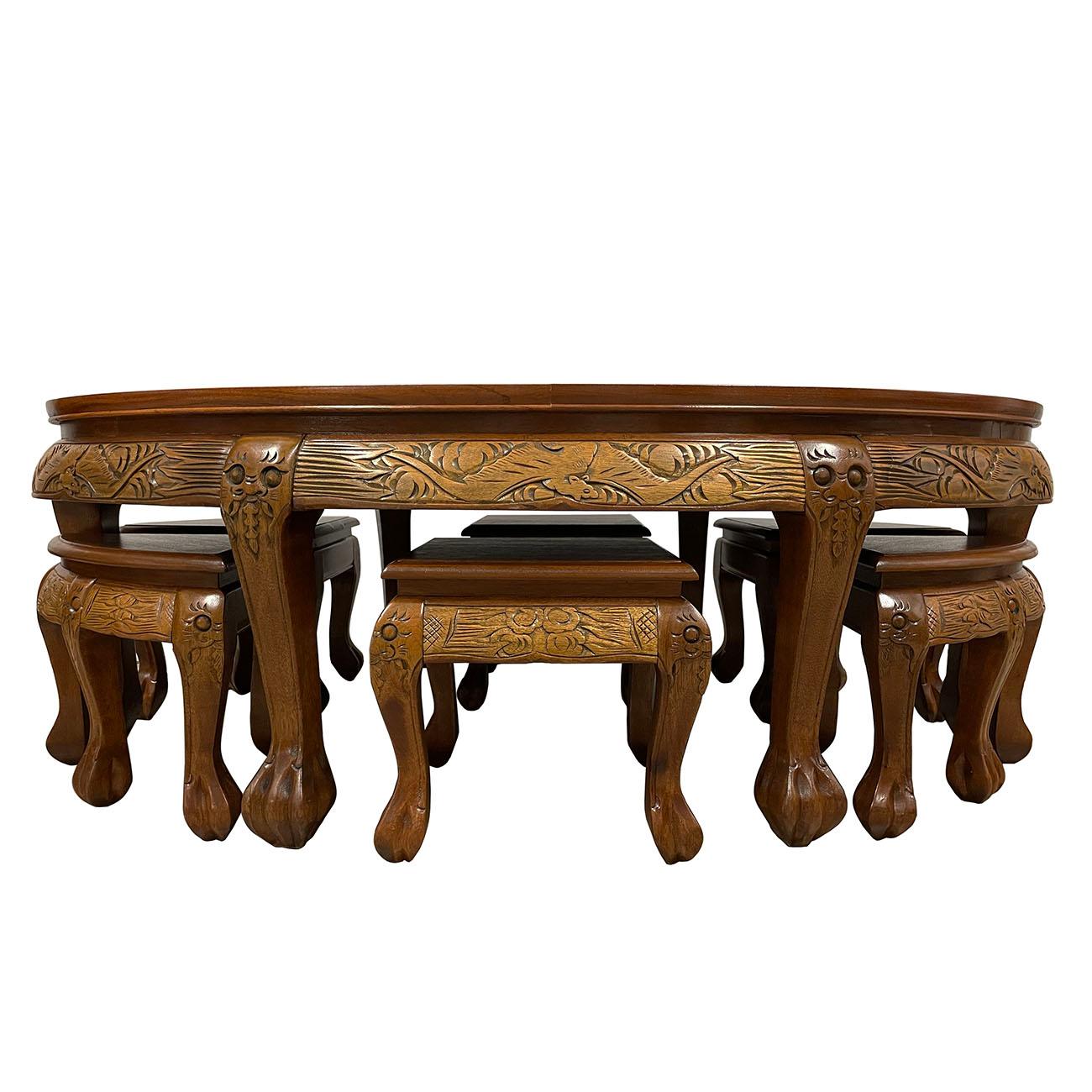 Vintage Chinese Massive Carved Teak Wood Coffee Table with 6 Nesting Stools 5