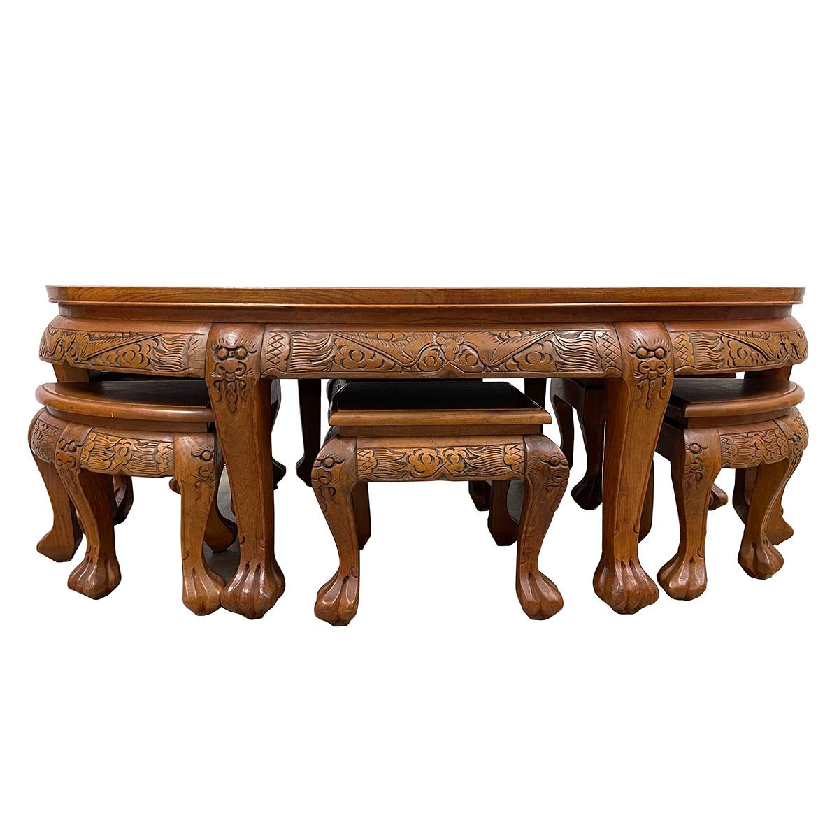 Vintage Chinese Massive Carved Teak Wood Coffee Table with 6 Nesting Stools 4