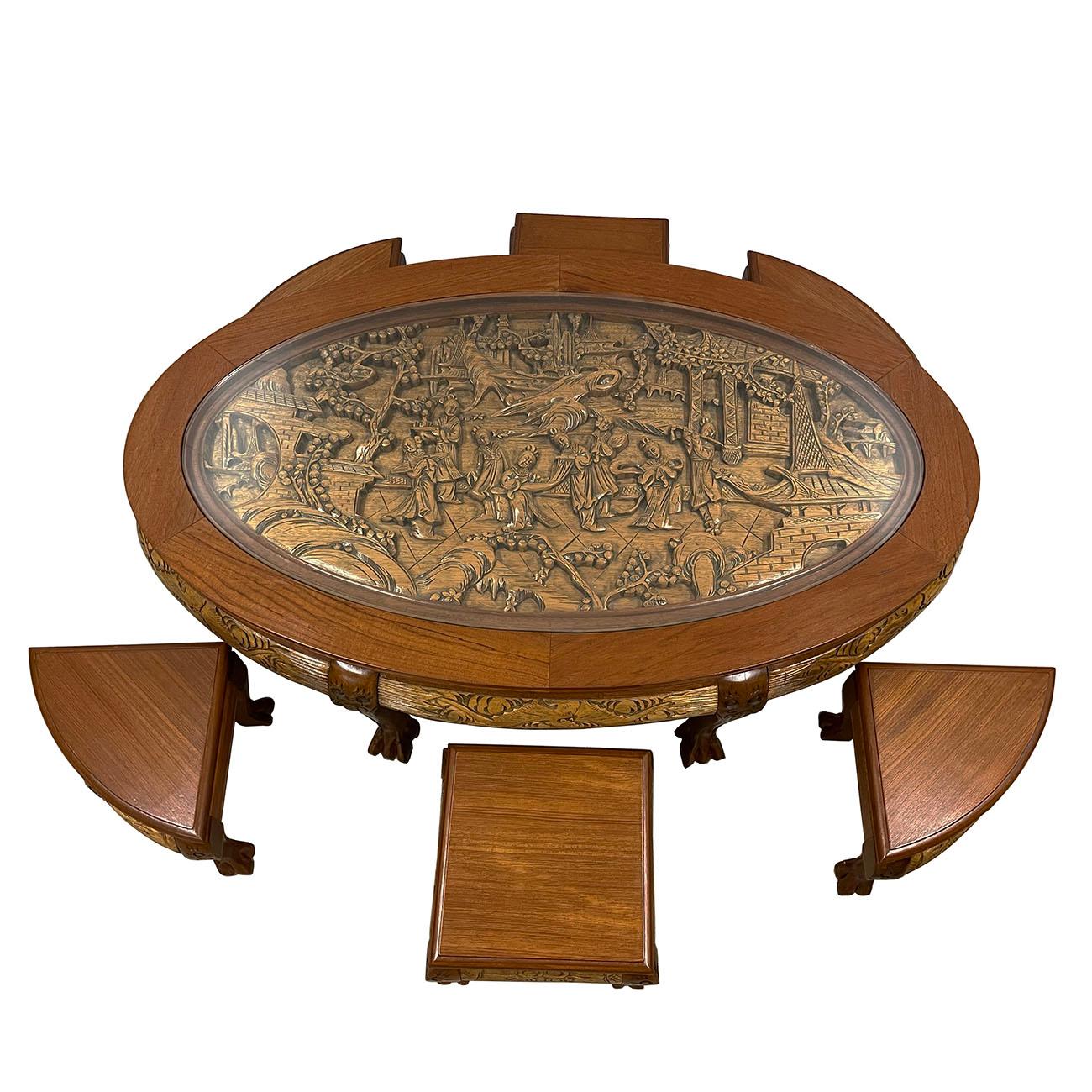 Chinese Export Vintage Chinese Massive Carved Teak Wood Coffee Table with 6 Nesting Stools