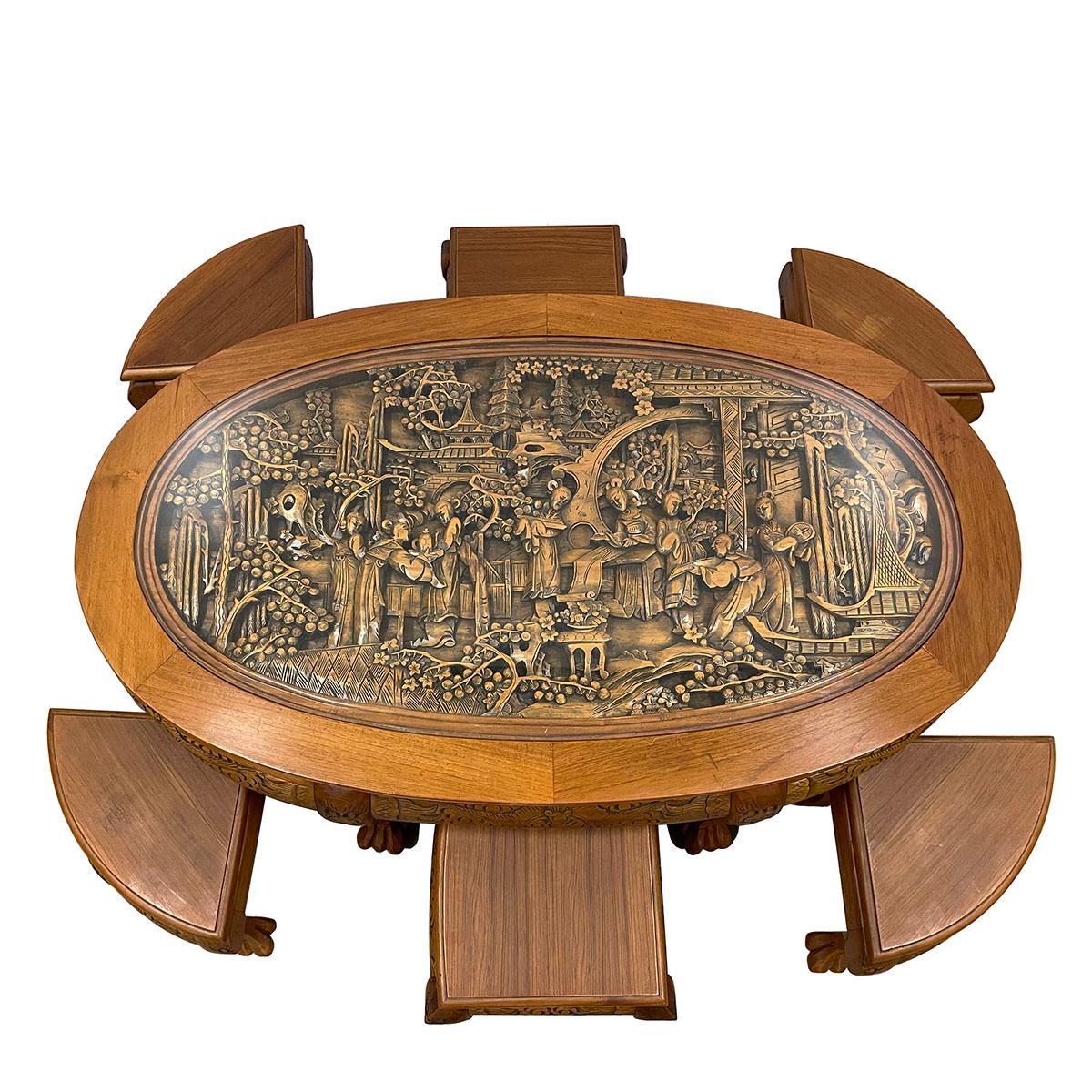 chinese carved coffee table with stools