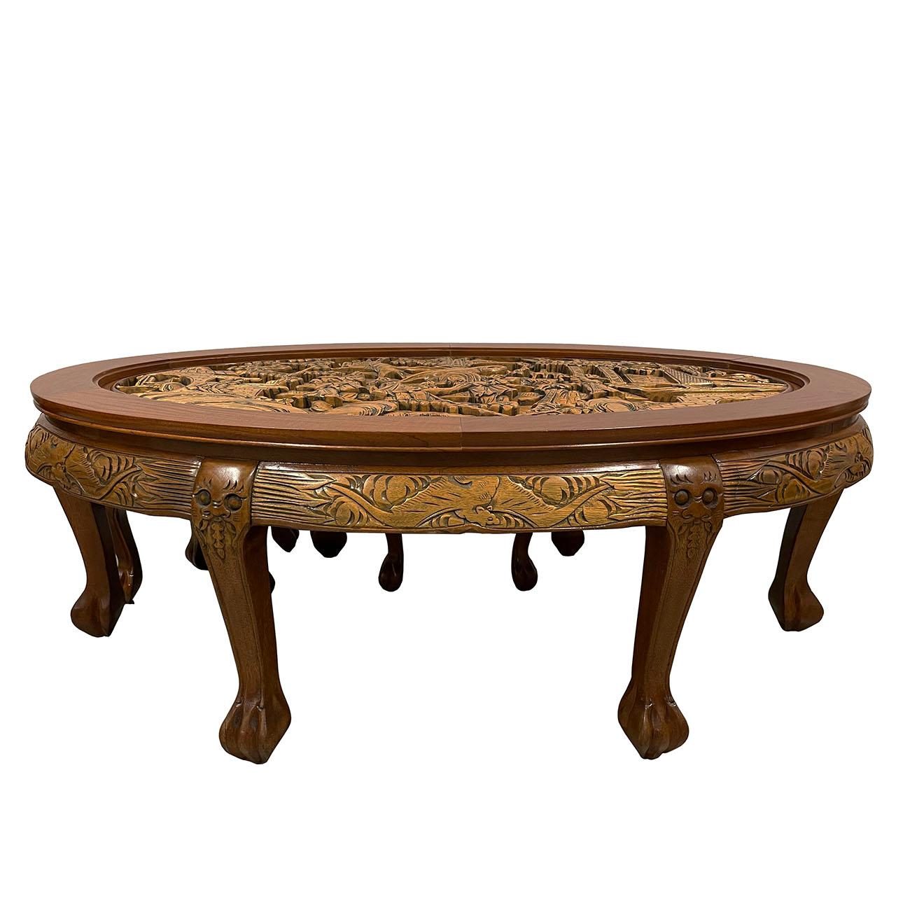 Hand-Carved Vintage Chinese Massive Carved Teak Wood Coffee Table with 6 Nesting Stools