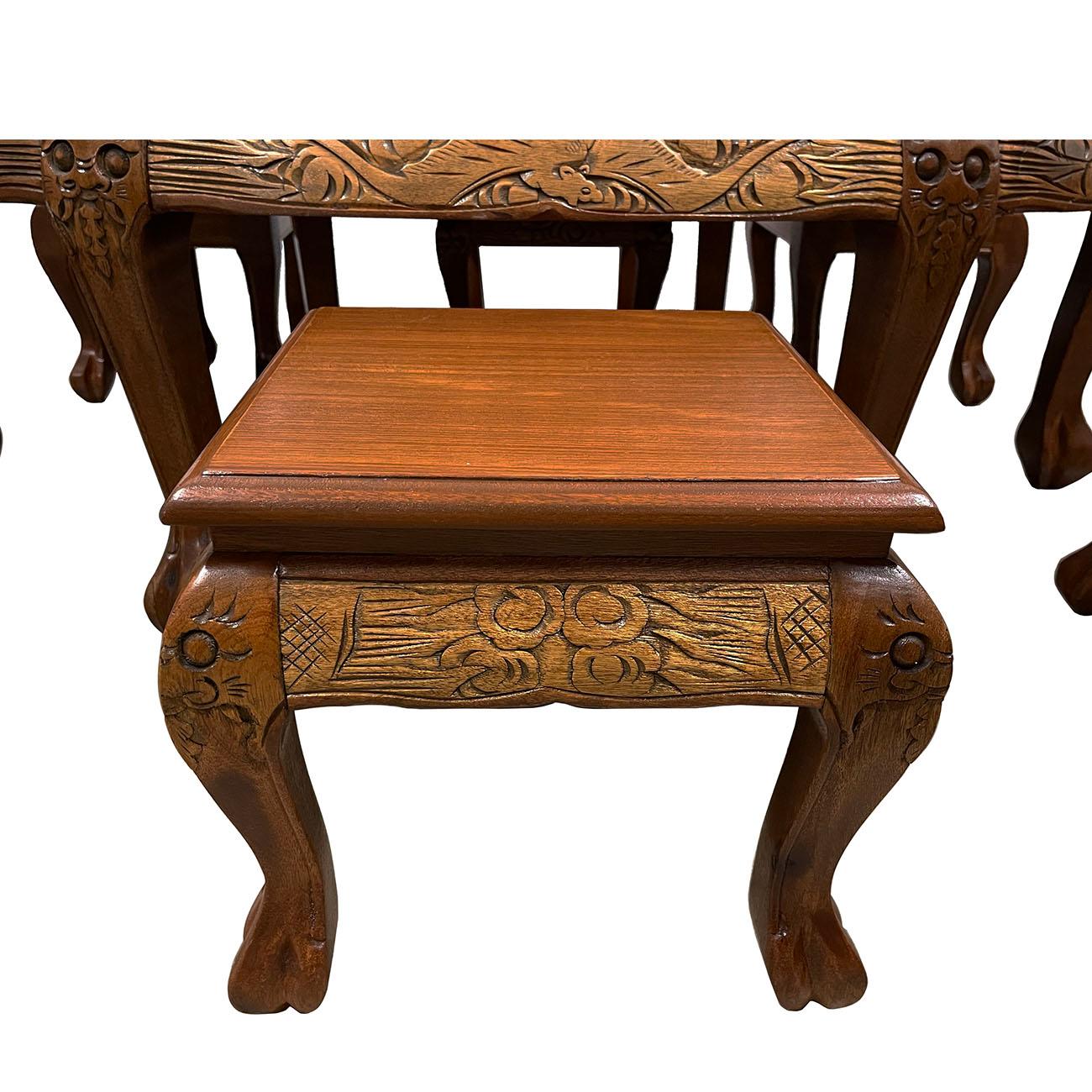 20th Century Vintage Chinese Massive Carved Teak Wood Coffee Table with 6 Nesting Stools