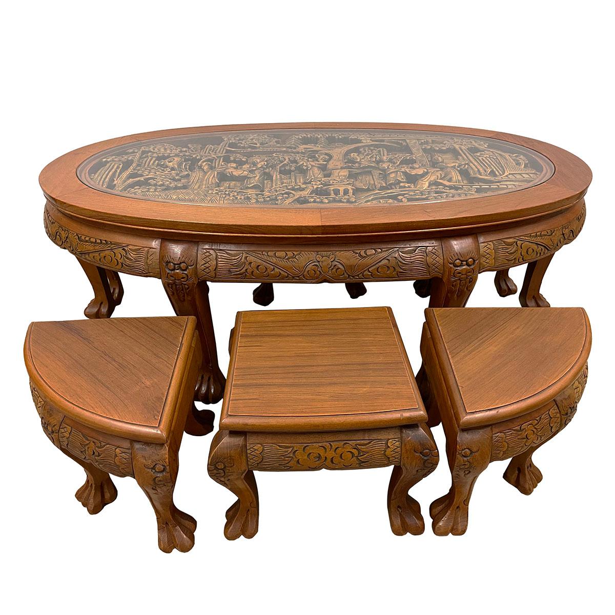 Vintage Chinese Massive Carved Teak Wood Coffee Table with 6 Nesting Stools 1
