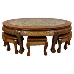 Vintage Chinese Massive Carved Teak Wood Coffee Table with 6 Nesting Stools