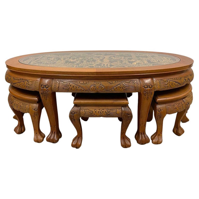 Vintage Chinese Massive Carved Teak Wood Coffee Table with 6 Nesting Stools  For Sale at 1stDibs