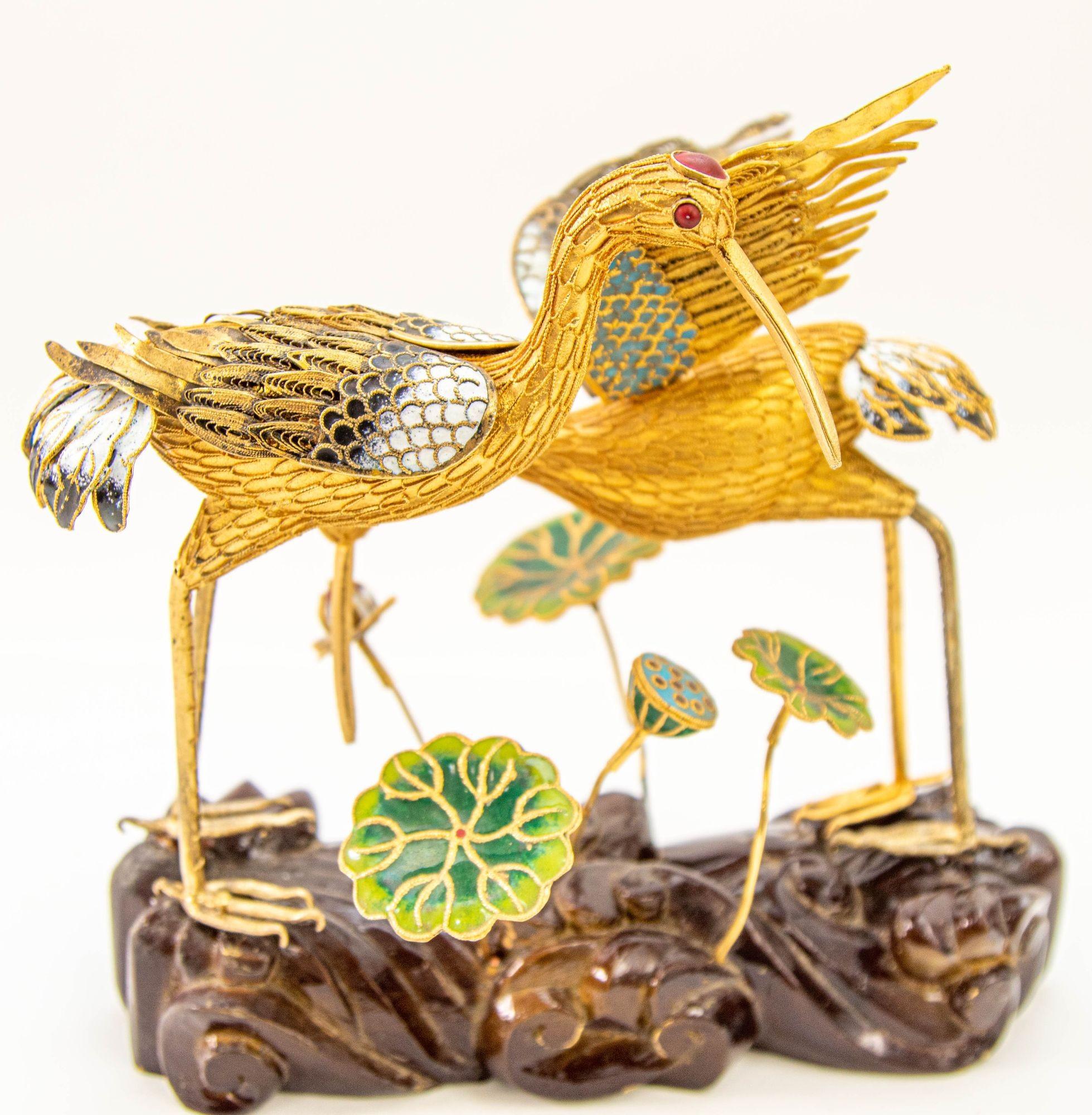 Vintage Chinese Metal Gilt Filigree and Enamel Cranes Figures on Wooden Stand For Sale 4