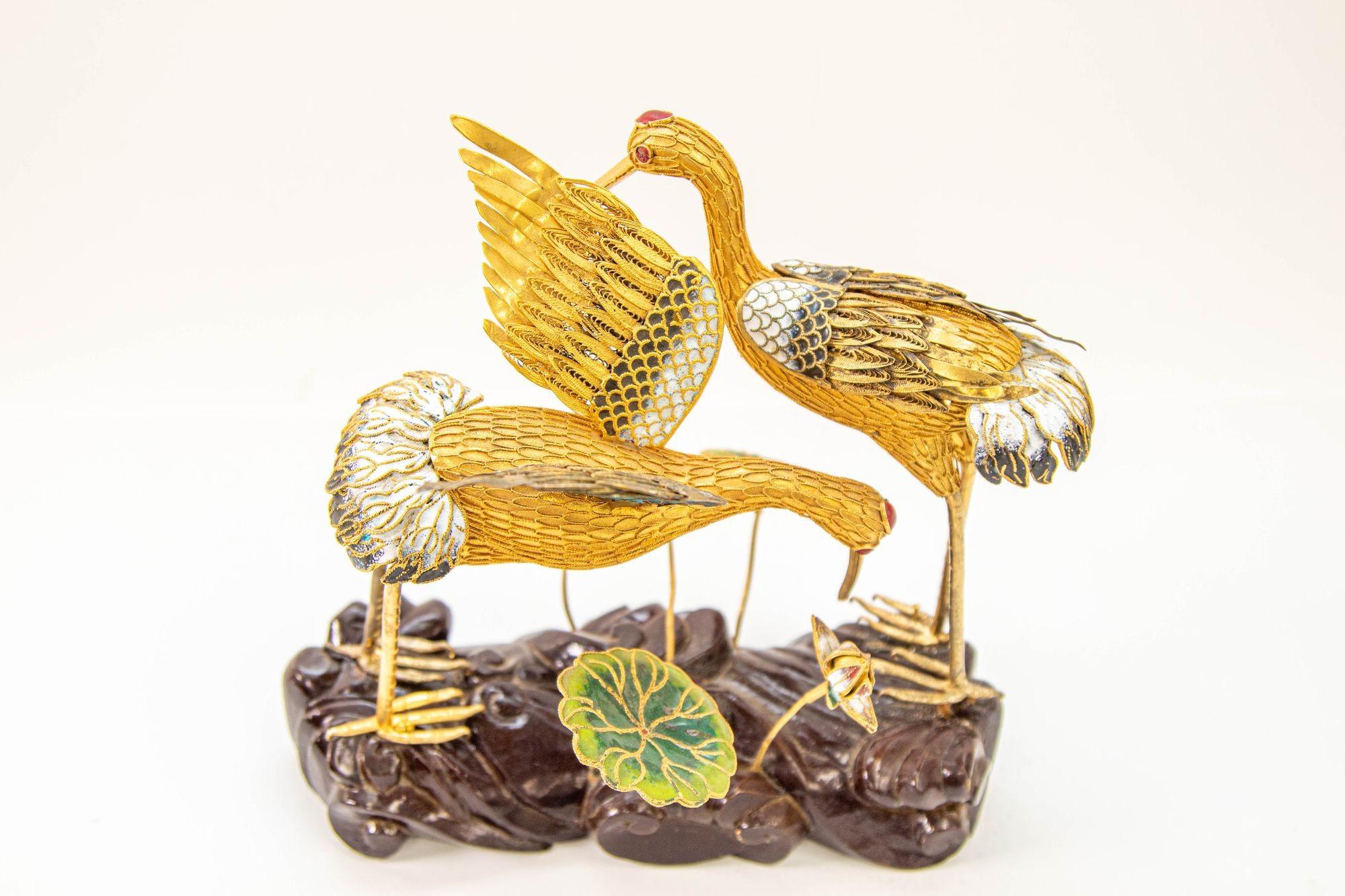 Vintage Chinese Metal Gilt Filigree and Enamel Cranes Figures on Wooden Stand For Sale 7