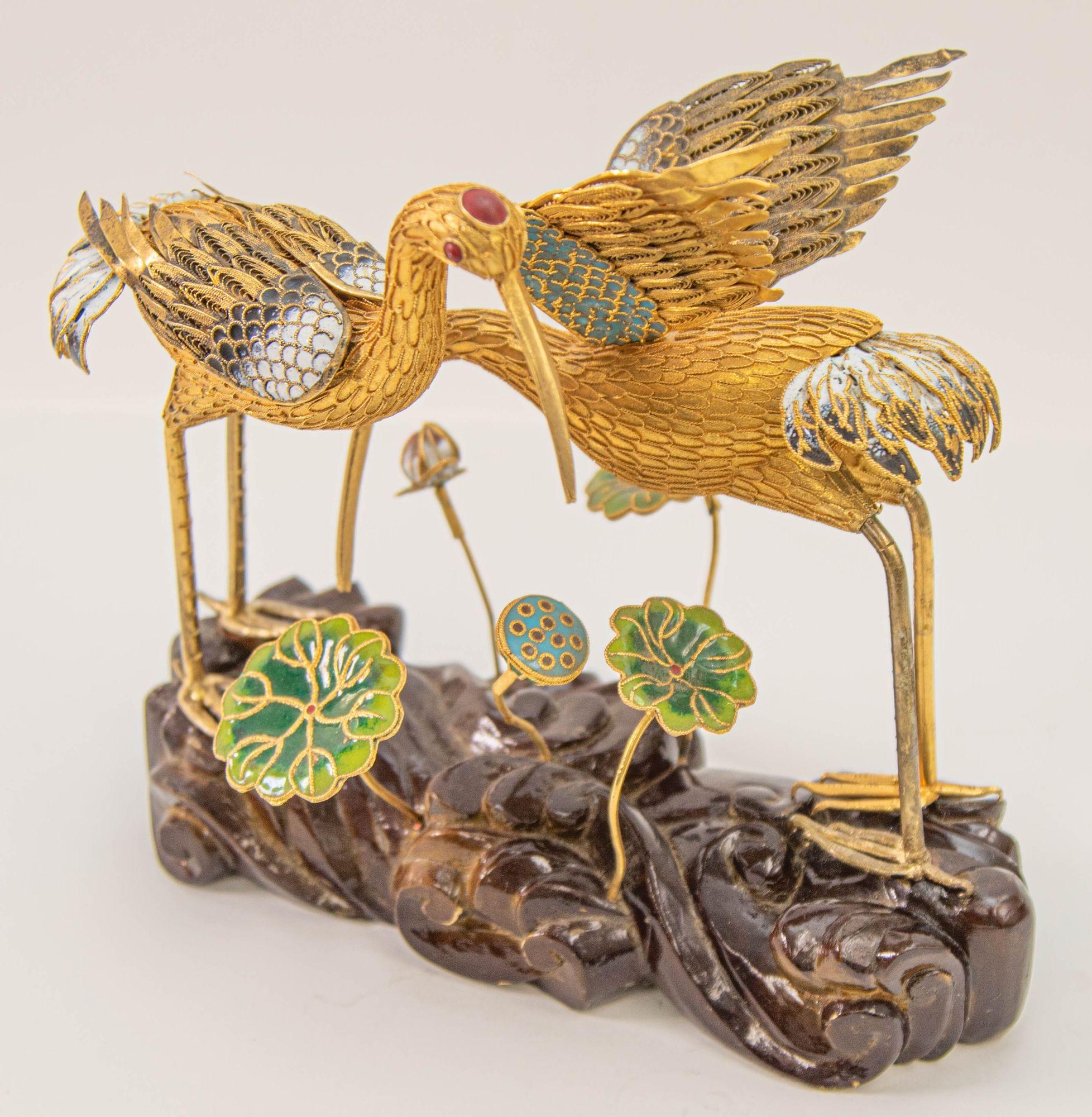 Vintage Chinese Metal Gilt Filigree and Enamel Cranes Figures on Wooden Stand For Sale 9