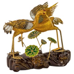 Vintage Chinese Metal Gilt Filigree and Enamel Cranes Figures on Wooden Stand