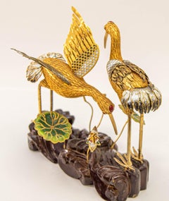 Vintage Chinese Metal Gilt Filigree and Enamel Cranes Figures on Wooden Stand