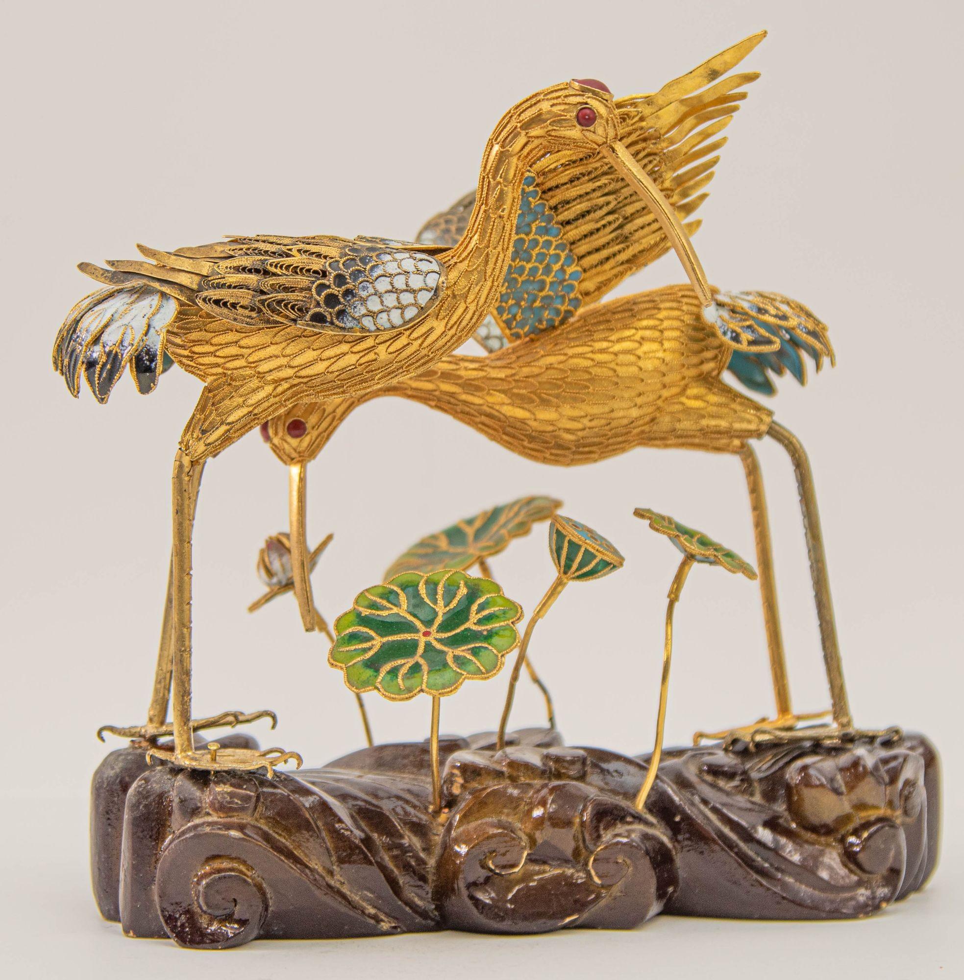 Chinese Export Vintage Chinese Metal Gilt Filigree and Enamel Cranes Figures on Wooden Stand For Sale