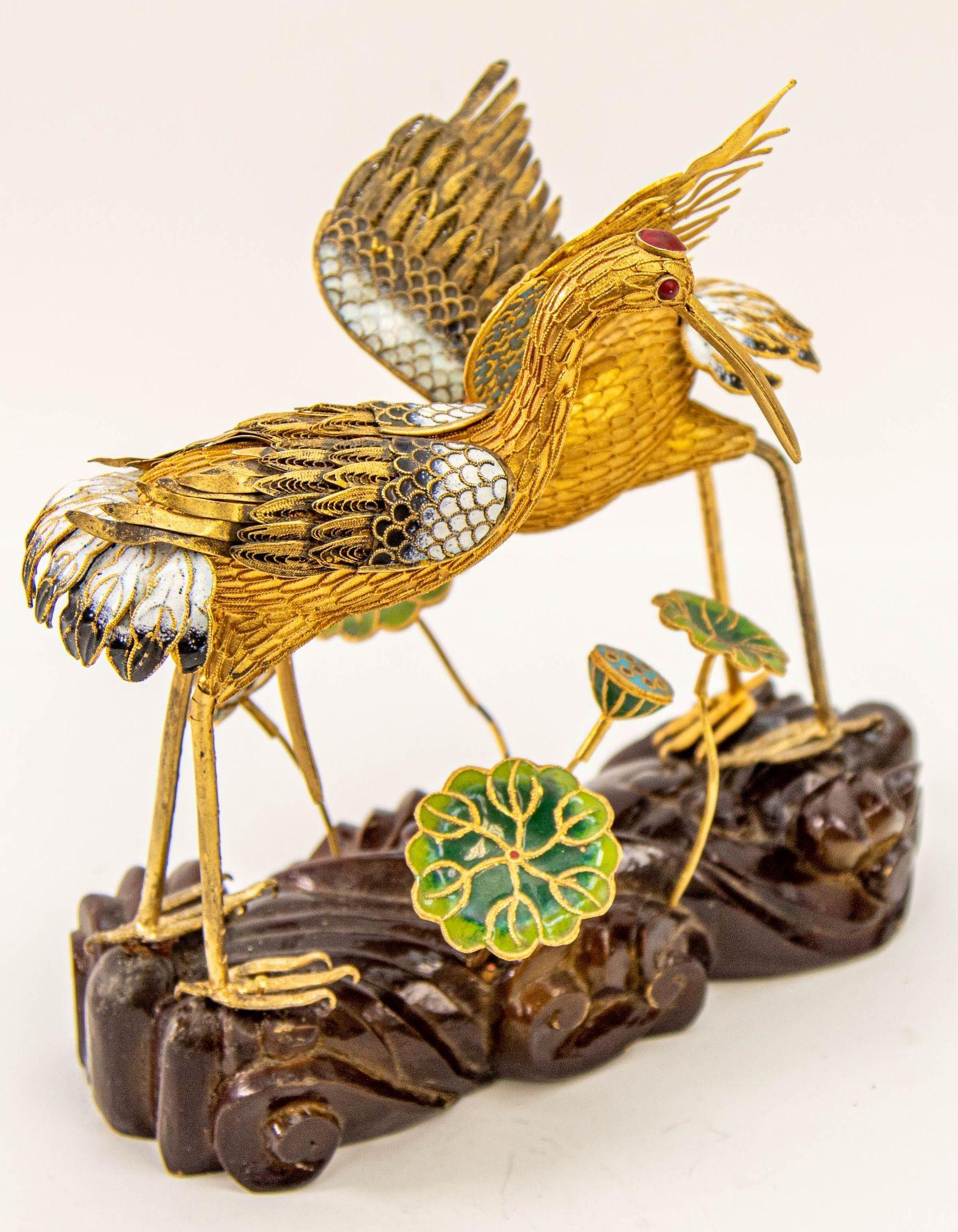 Vintage Chinese Metal Gilt Filigree and Enamel Cranes Figures on Wooden Stand In Good Condition For Sale In North Hollywood, CA