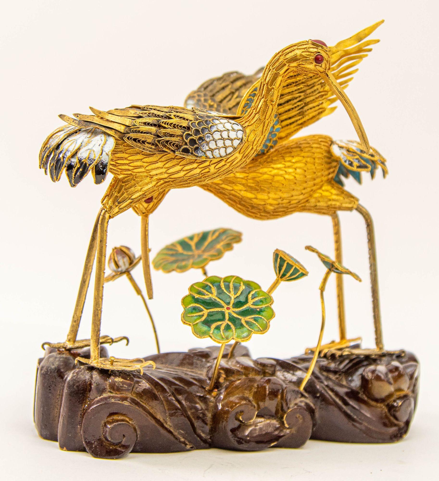 20th Century Vintage Chinese Metal Gilt Filigree and Enamel Cranes Figures on Wooden Stand For Sale
