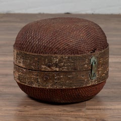 Vintage Chinese Woven Rattan and Wood Circular Hat Box with Weathered Patina