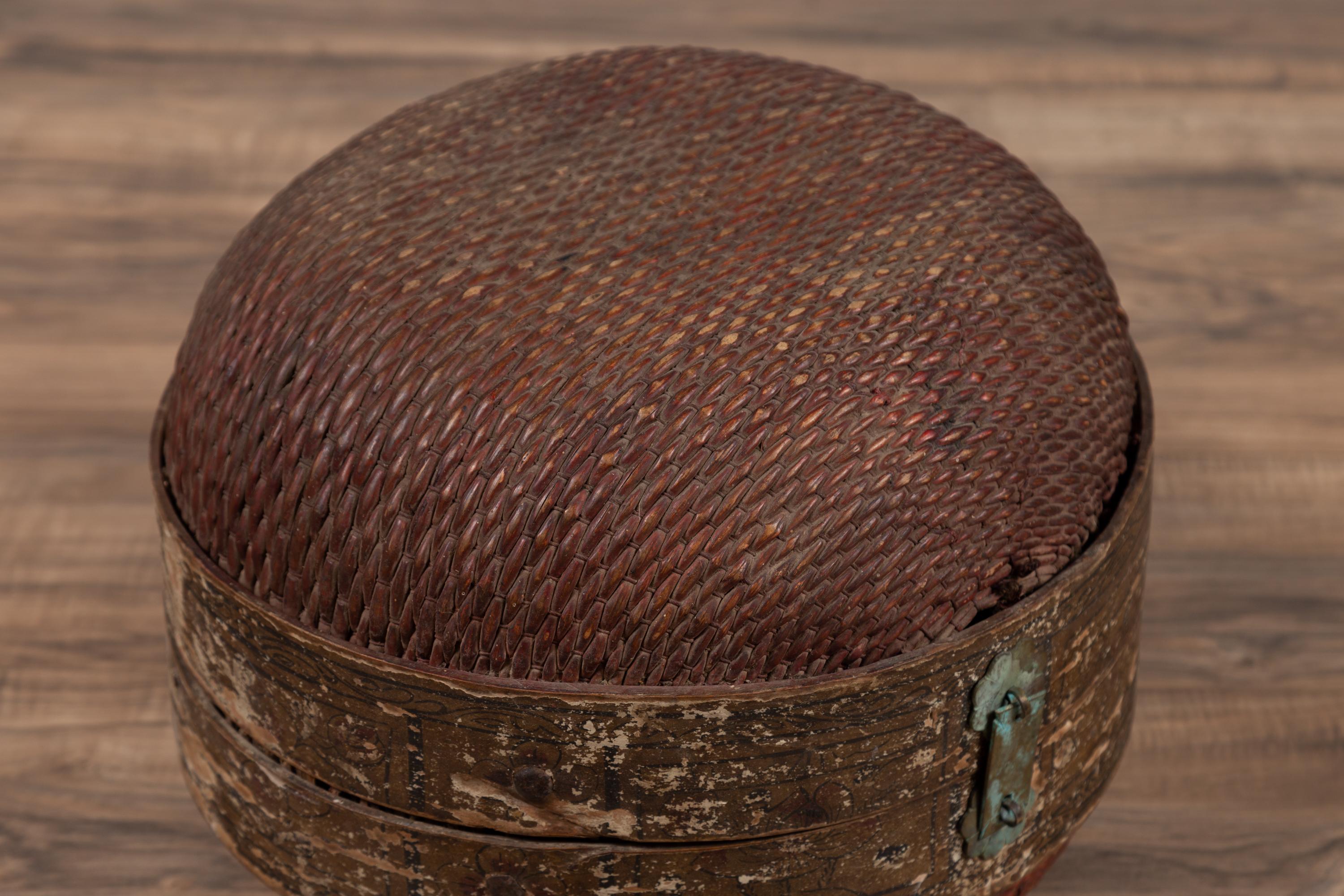 Rustic Vintage Chinese Midcentury Rattan Circular Hat Box with Weathered Patina For Sale