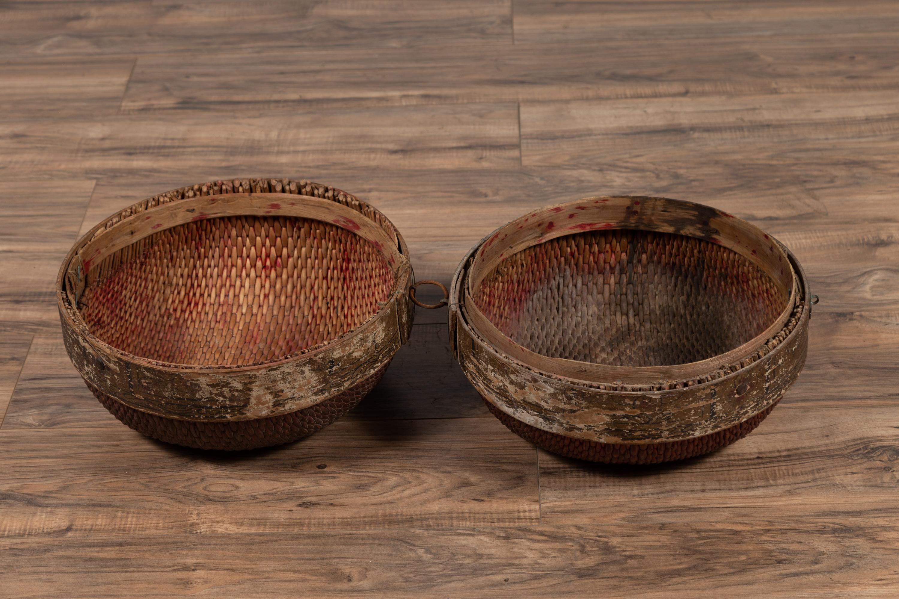 20th Century Vintage Chinese Midcentury Rattan Circular Hat Box with Weathered Patina For Sale