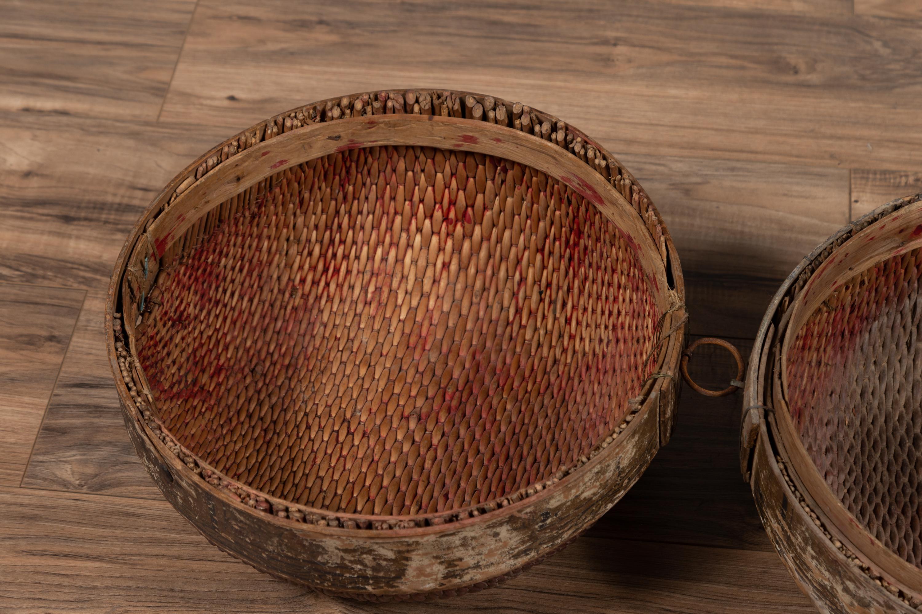 Metal Vintage Chinese Midcentury Rattan Circular Hat Box with Weathered Patina For Sale
