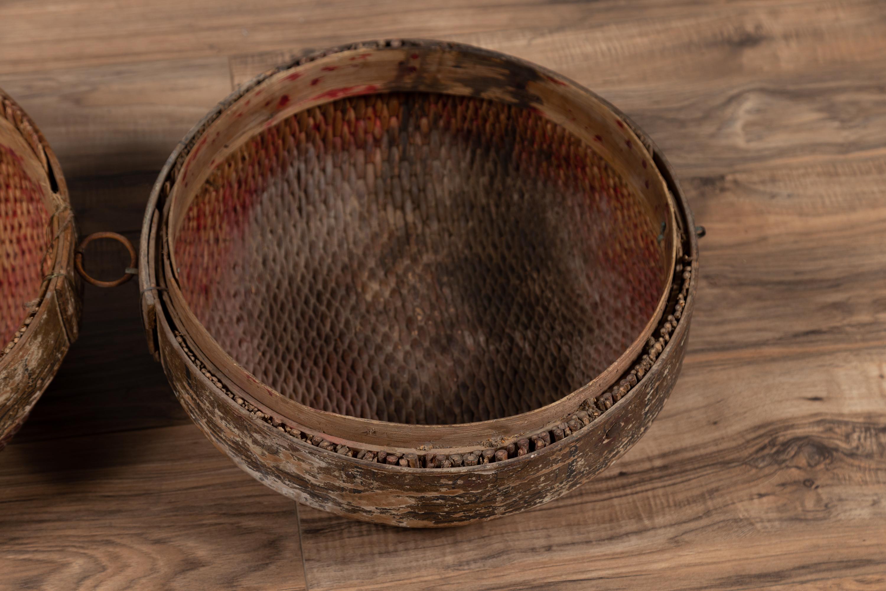 Vintage Chinese Midcentury Rattan Circular Hat Box with Weathered Patina For Sale 2