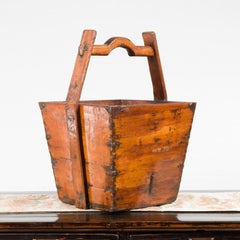 Vintage Chinese Midcentury Wood Grain Basket with Large Handle and Metal Braces