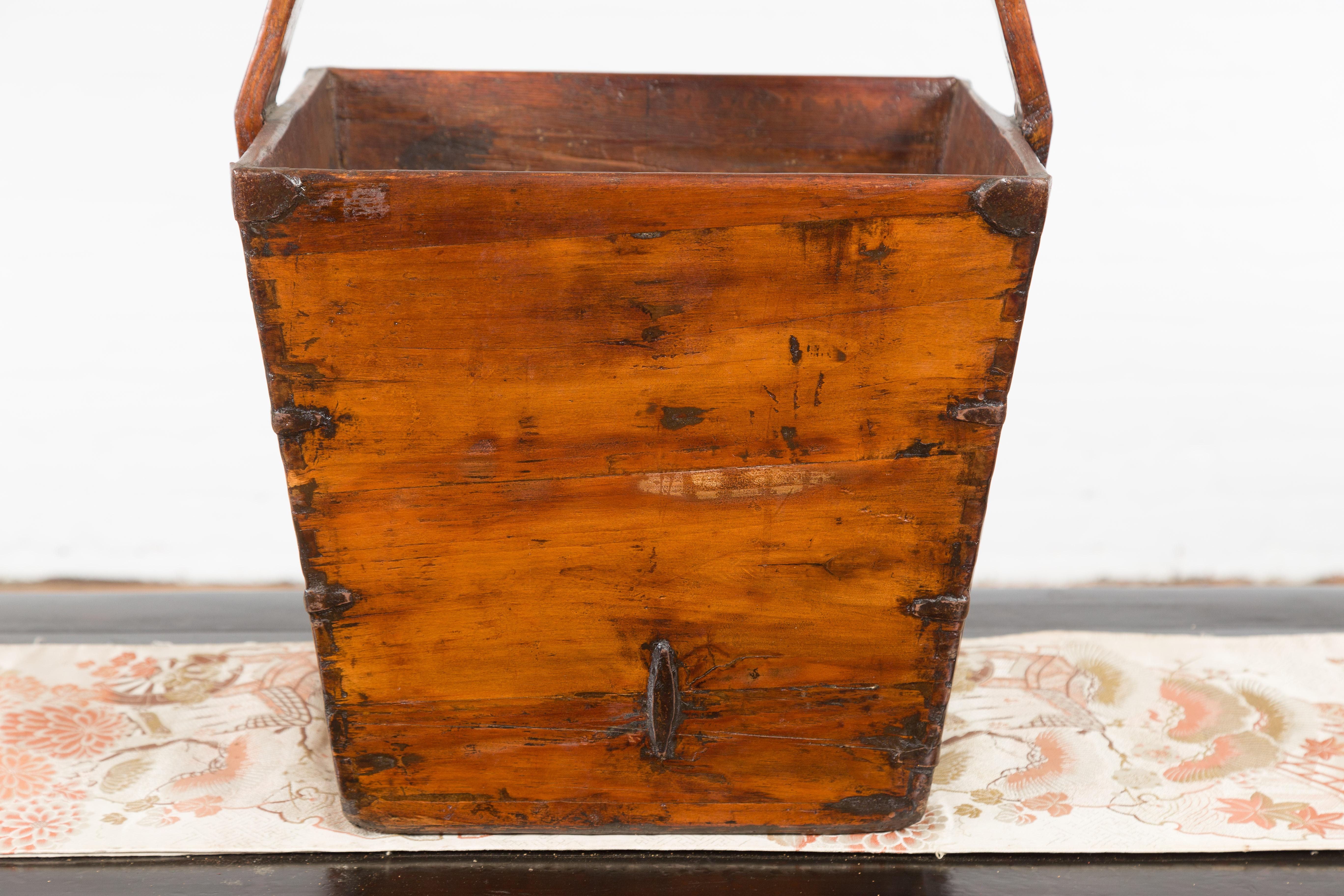 Vintage Chinese Midcentury Wood Grain Basket with Large Handle and Metal Braces 1