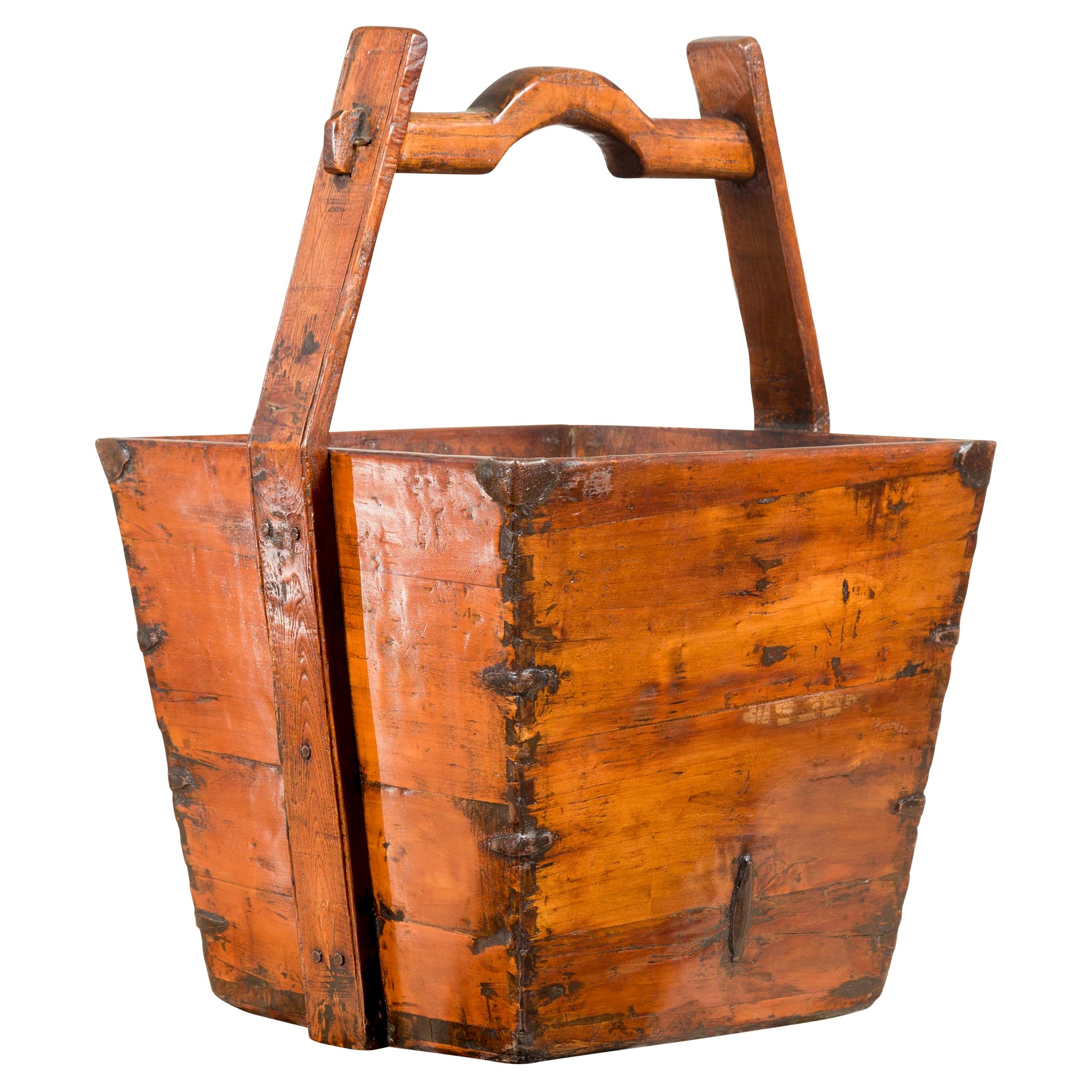 Vintage Chinese Midcentury Wood Grain Basket with Large Handle and Metal Braces