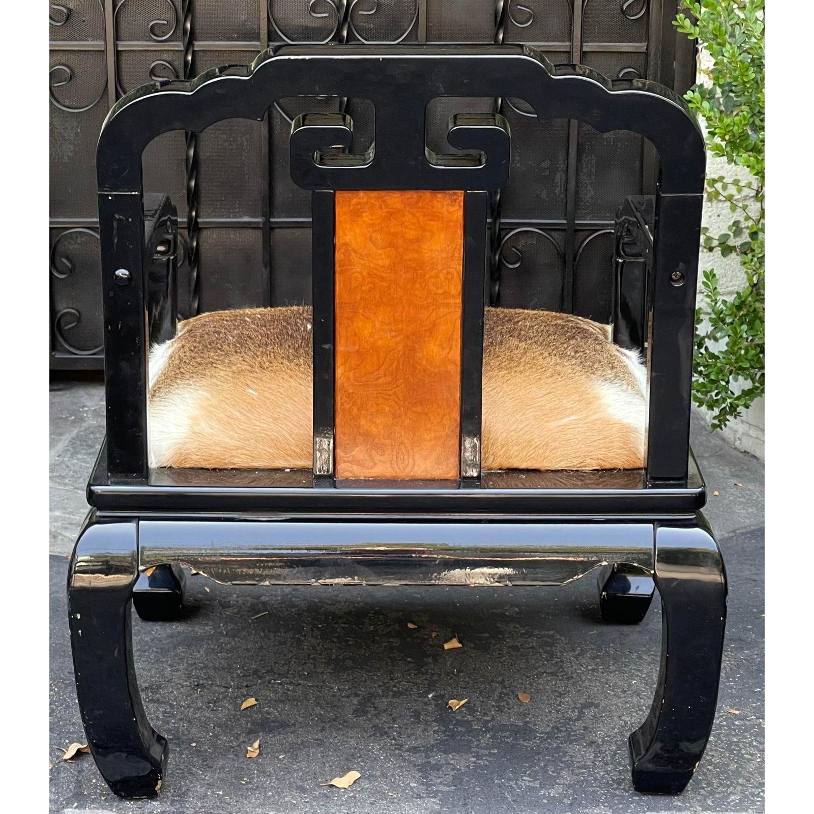 Wood Vintage Chinese Ming Style Black Lacquer & Cowhide Arm Chair, Mid-20th Century For Sale