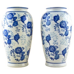 Vintage Chinese ''Ming Style' Blue and White Glazed  Hu Vases - Matching Pair