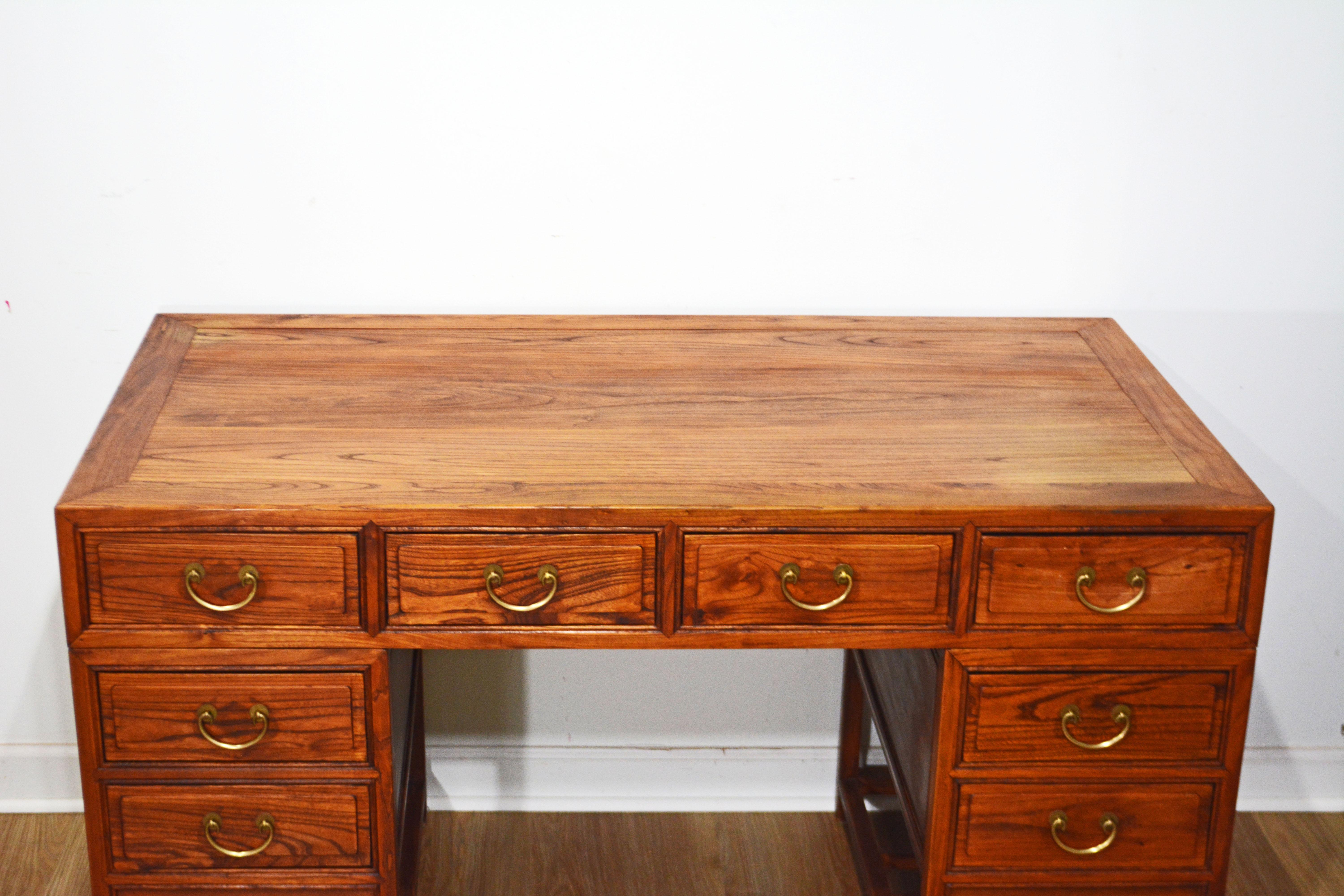 Vintage Chinese Ming Style Three Part 8 Drawer Elm Wood Scholar's Desk, 1970's 9