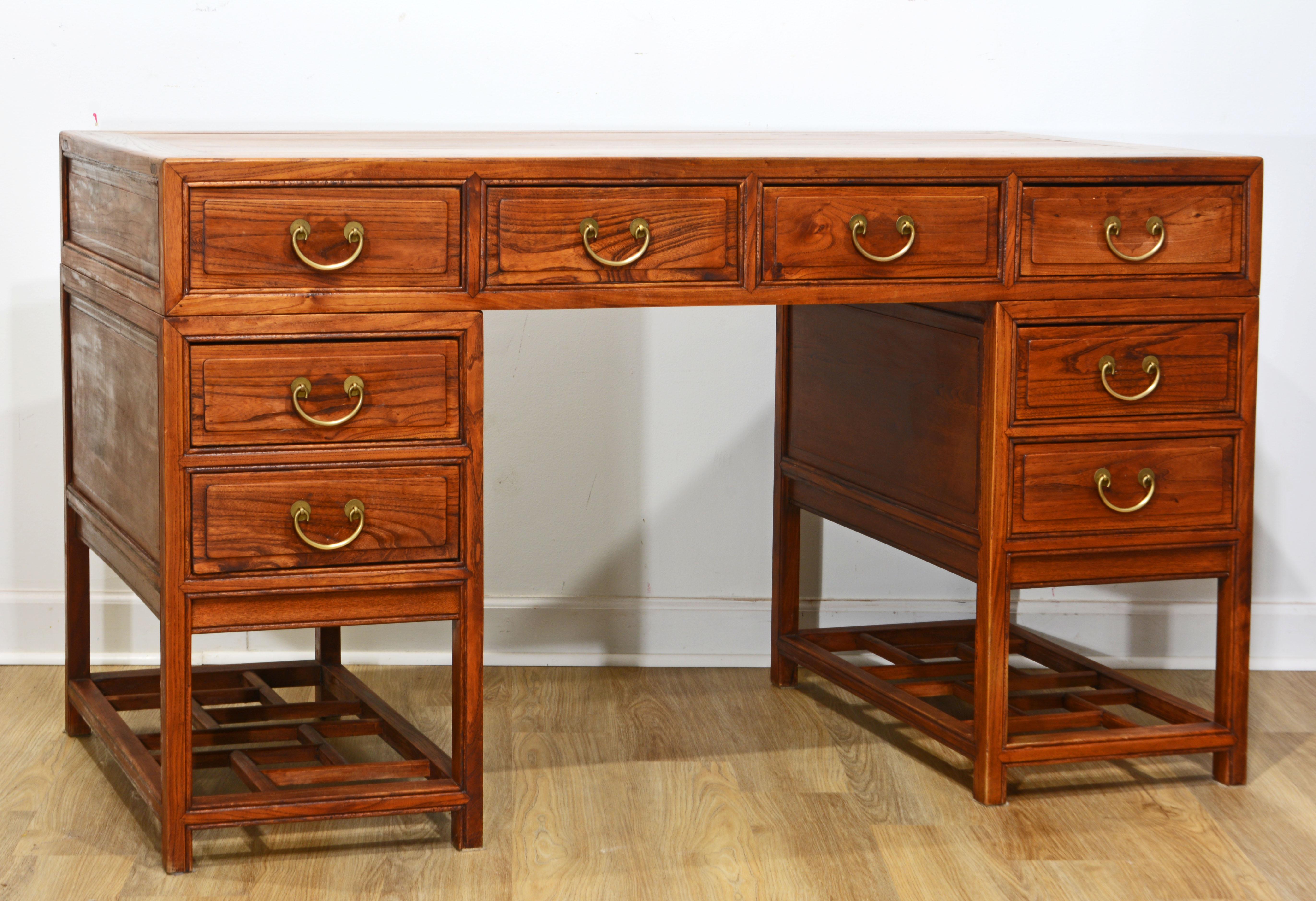 20th Century Vintage Chinese Ming Style Three Part 8 Drawer Elm Wood Scholar's Desk, 1970's