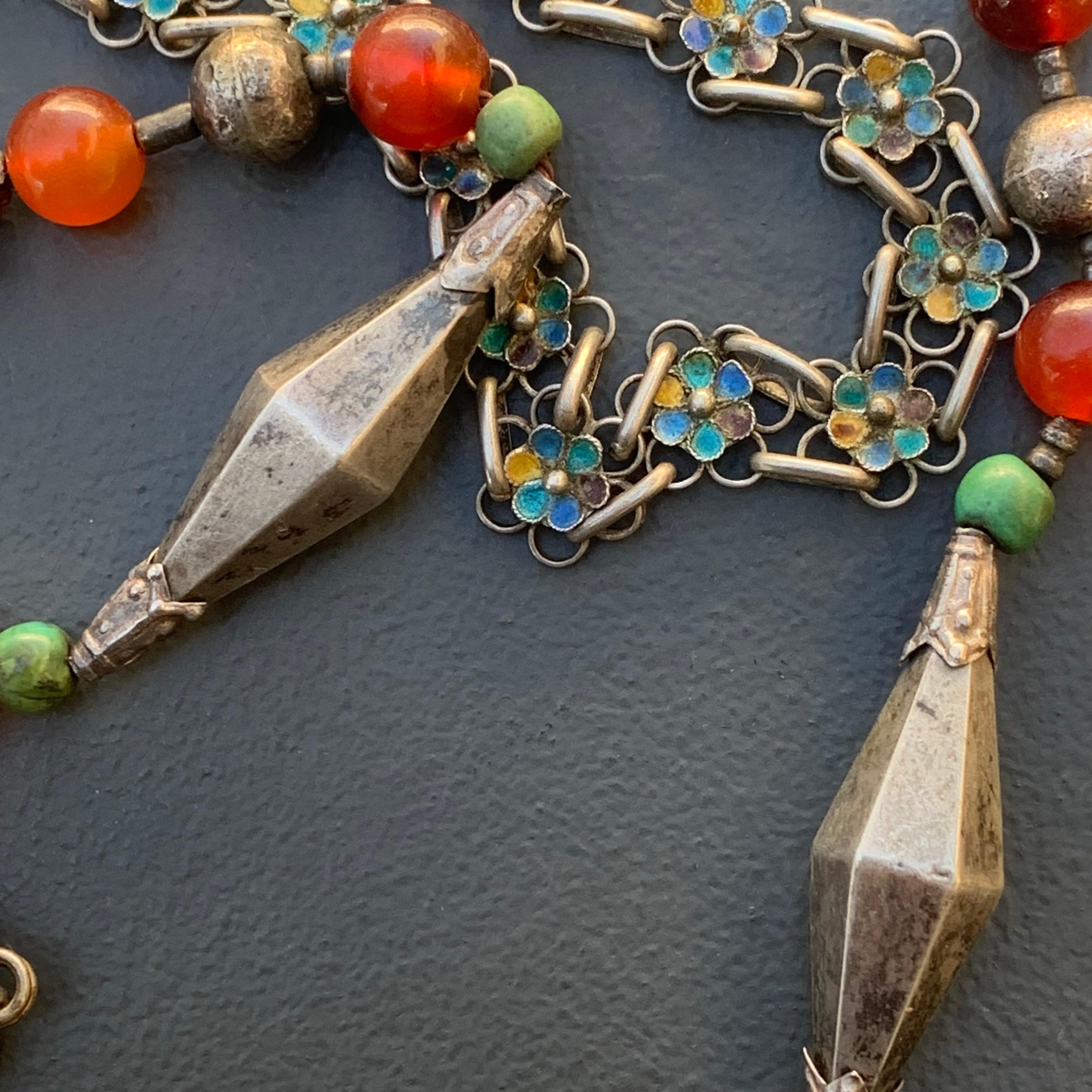 Carved Carnelian Turquoise Silver Enamel Necklace Chinese Mongolian 2