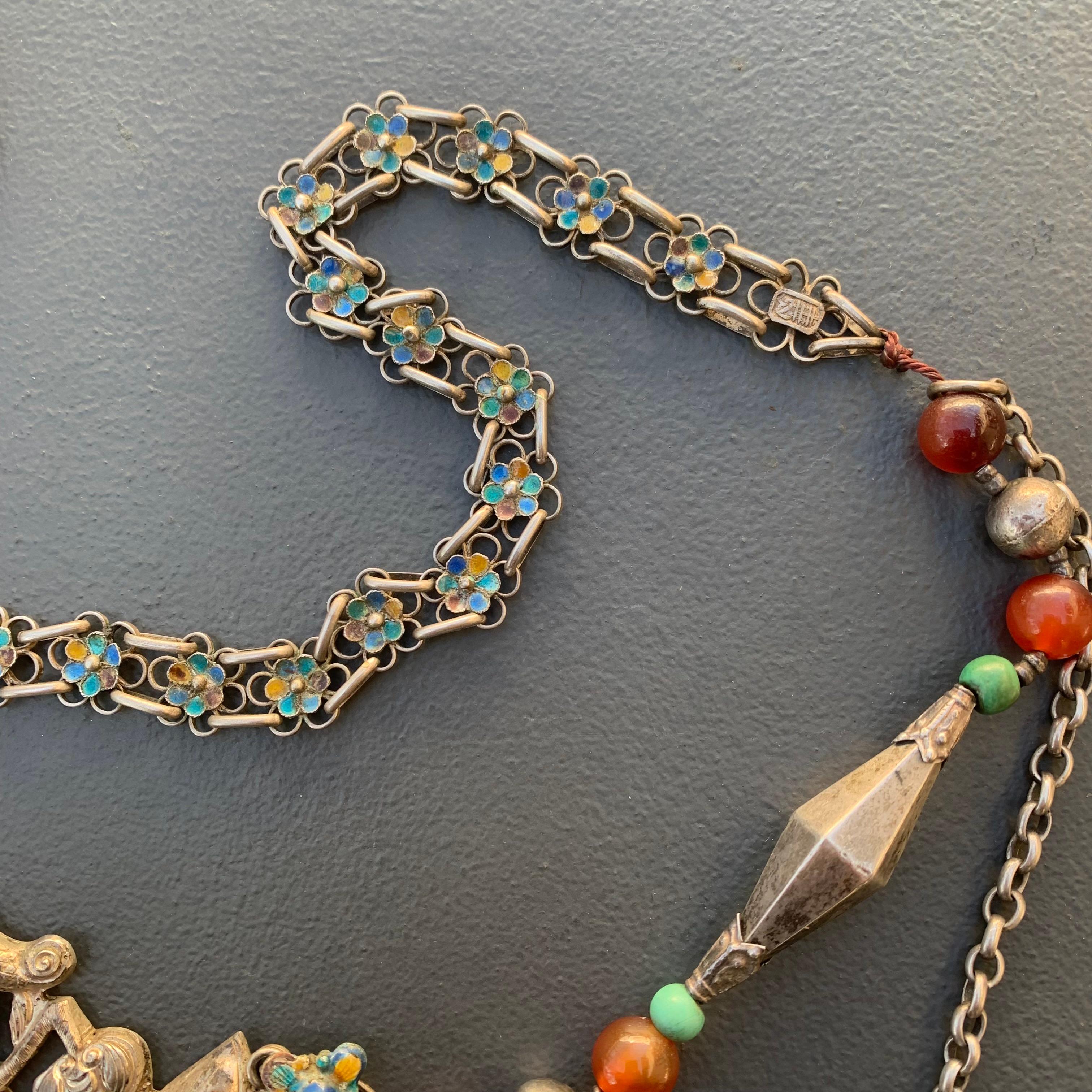 Vintage Chinese Mongolian Carved Carnelian Turquoise Silver Enamel Necklace In Good Condition For Sale In Plainsboro, NJ